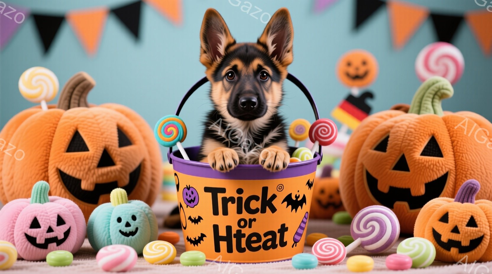 ハロウィーンをテーマにした写真で、かぼちゃの形をしたお菓子やキャンディーに囲まれたバケツの中に、ジャーマンシェパードの子犬が座っています。子犬は好奇心旺盛な表情で、バケツの縁から少し顔を出してこちらを見ています。背景には、オレンジと紫のかぼちゃや、ハロウィーンを象徴する装飾が配置され、お祭り気分を盛り上げています。