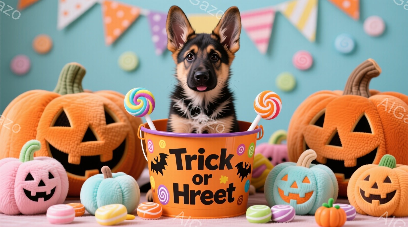 ハローウィーンをテーマにした写真で、オレンジ色のバケツにジャーマンシェパードの子犬が座っています。背景には、様々なサイズのオレンジ色と水色のジャックオーランタンとキャンディーが配置され、お祝いの雰囲気 - AI生成フリー素材