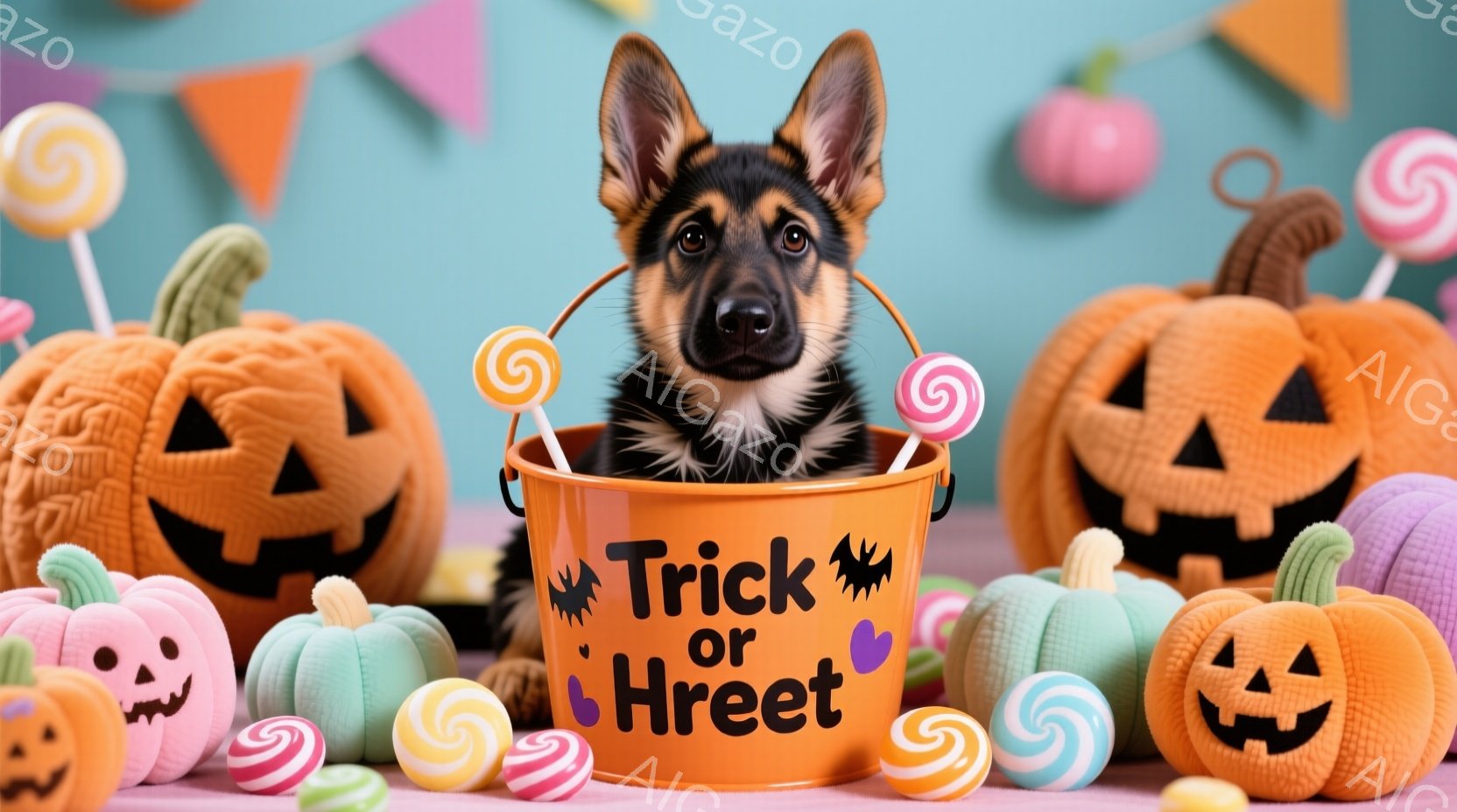 オレンジ色のハロウィーンのバケツに、かわいらしいジャーマンシェパードの子犬が座っています。バケツには「Trick or Treat」と書かれており、周囲にはカラフルなキャンディーや、ジャック・オー・ラ - AI生成フリー素材