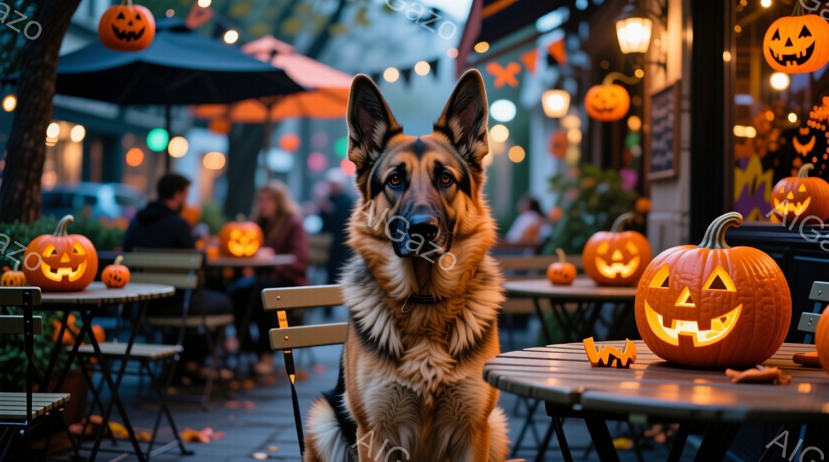 ハロウィーンの飾り付けがされた屋外のカフェに、ジャーマンシェパードが座っています。暖色系の照明と、いたるところに置かれたジャック・オー・ランタンが、秋の夜の温かく、お祝いの雰囲気を醸し出しています。カフェは屋外席があり、背景にはぼんやりと人影が見え、秋の夜の静かな喧騒が感じられます。