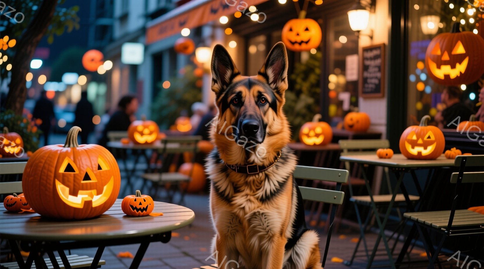 ハロウィーンの飾り付けがされた屋外のカフェのテラスに、ジャーマンシェパードが座っています。テーブルの上や周囲には、光を灯したジャック・オ・ランタンが並び、背景にはぼんやりとカフェの建物と人々が見えます - AI生成フリー素材