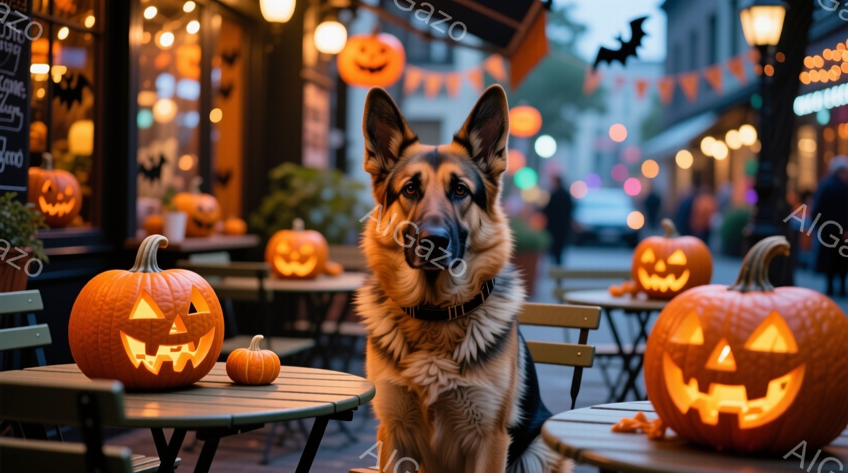 ハロウィーンの装飾が施された屋外カフェに、ジャーマンシェパードが座っています。テーブルの上には、ジャック・オー・ランタンが置かれ、背景にはぼんやりとハロウィーンの飾り付けが見えます。暖かく、お祭り気分 - AI生成フリー素材