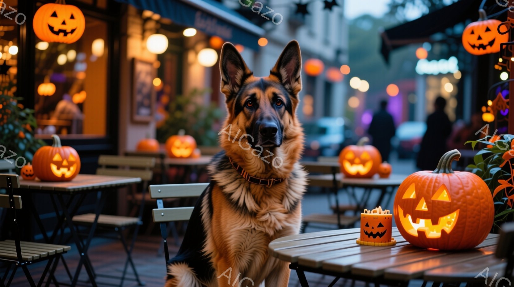 ドイツシェパード犬が、ハロウィーンの飾り付けがされたカフェの屋外席に座っています。犬は落ち着いた表情で正面を見つめ、首輪をつけています。背景には、オレンジ色の提灯とジャック・オ・ランタンで飾られたテー - AI生成フリー素材