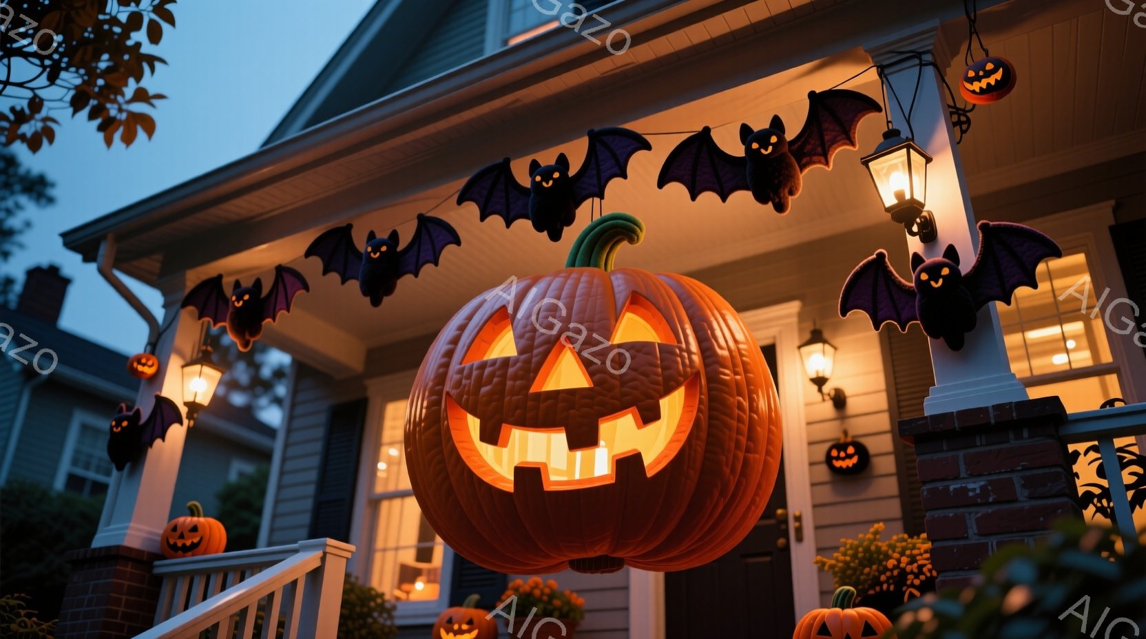 ハロウィーンの飾り付けが施された家の正面玄関が写っています。大きなジャック・オ・ランタンが玄関の前に置かれ、周囲には小さなカボチャやコウモリの飾り、そしてオレンジ色の光を放つランタンが吊るされています - AI生成フリー素材