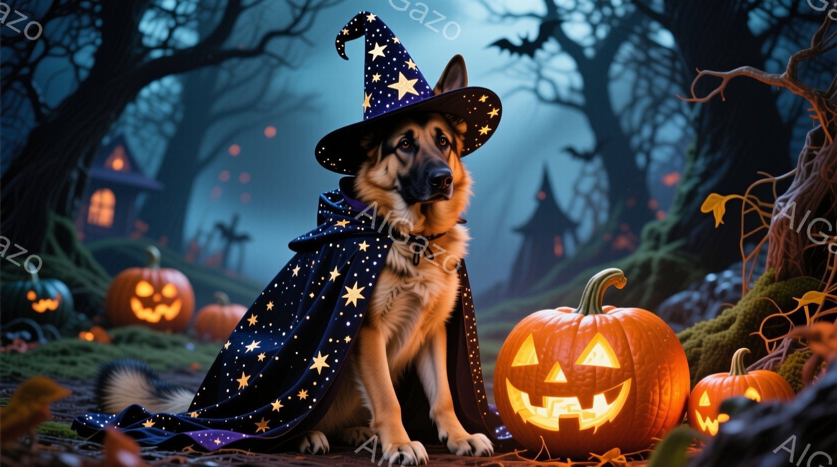 黒い毛並みのジャーマンシェパードが、星が散りばめられた青い魔法使いの帽子とマントを身につけて座っています。周囲には、ジャック・オ・ランタンがいくつか置かれ、背景には不気味な屋敷とねじれた木々が広がっています。全体的に、ハロウィンの夜の神秘的で少し不気味な雰囲気が漂っています。