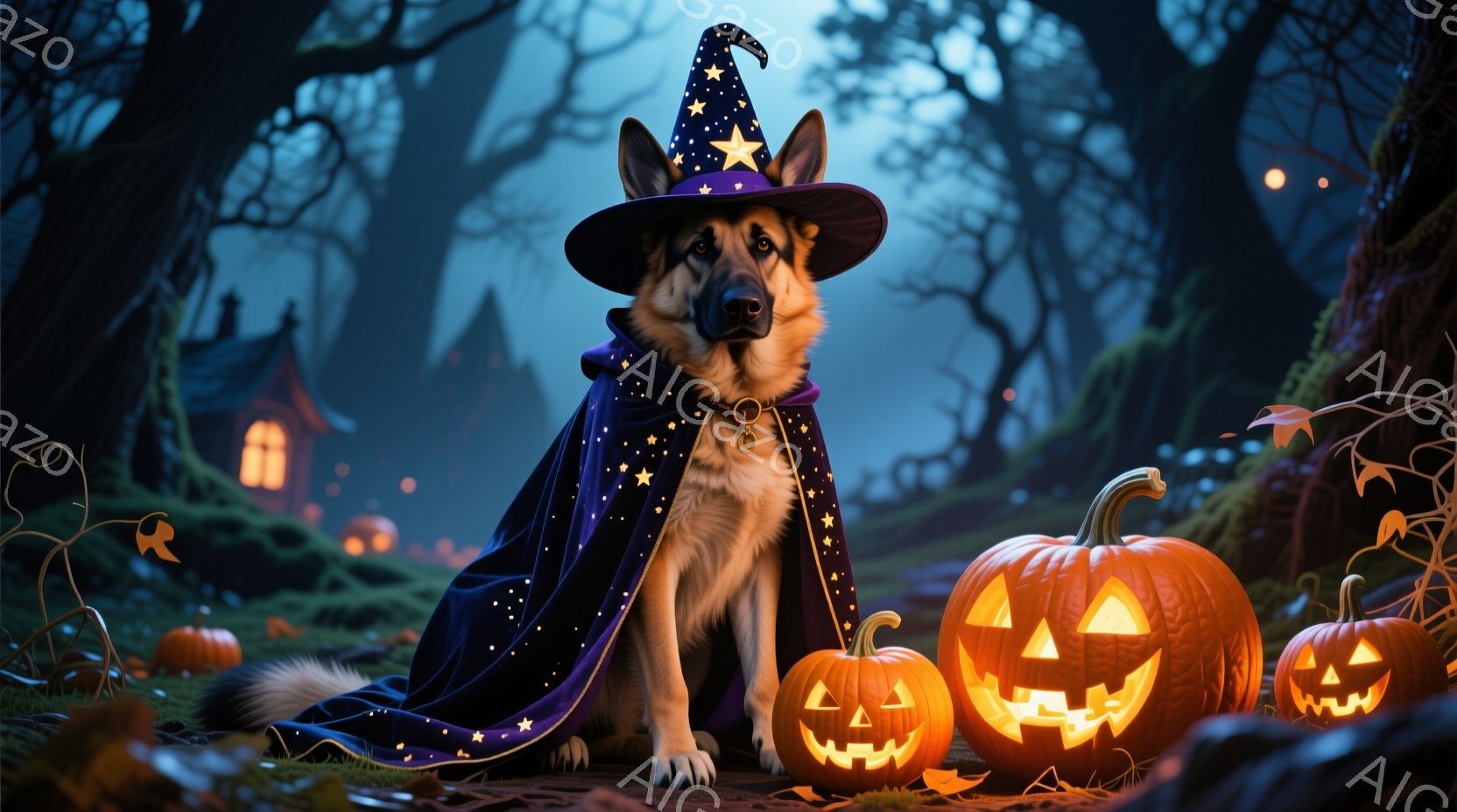 魔女の帽子と星が散りばめられたマントを着たジャーマンシェパードが描かれています。犬は前足の間に彫刻されたハロウィーンのジャック・オー・ランタンに囲まれ、自信に満ちた表情で正面を見据えています。背景には - AI生成フリー素材