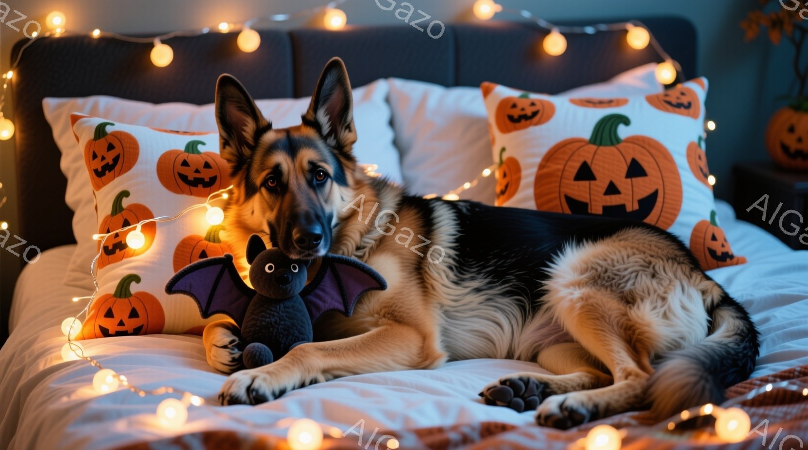 ドイツシェパード犬がベッドに横たわり、ハロウィーンをテーマにしたオレンジ色のカボチャ柄の枕と黒いコウモリのぬいぐるみに囲まれています。犬はリラックスした表情で、落ち着いた姿勢で横たわっており、背景には - AI生成フリー素材