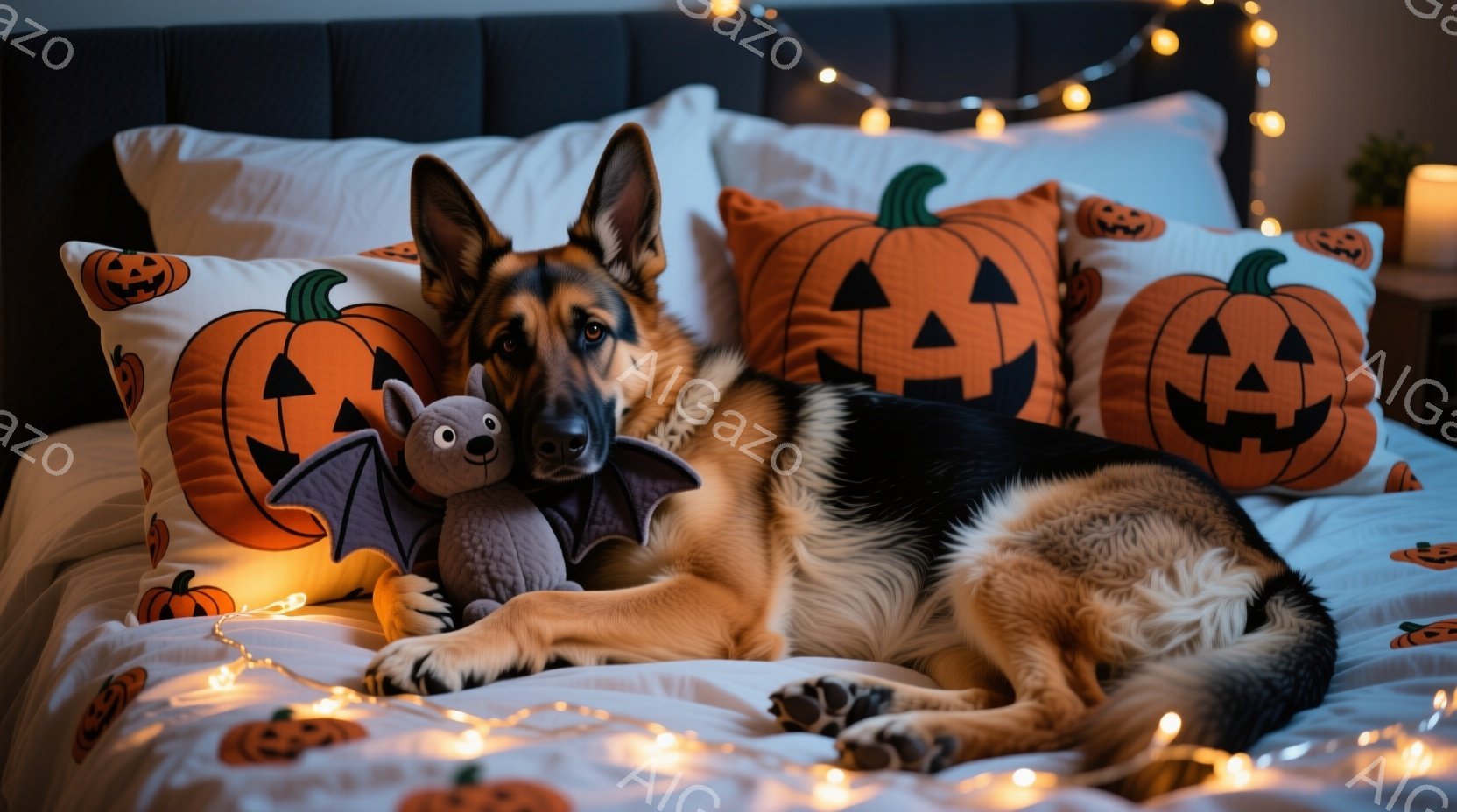 ハロウィーンの装飾が施されたベッドの上で、ジャーマンシェパードがリラックスして横たわっています。オレンジ色のカボチャ柄のクッションとコウモリのぬいぐるりに囲まれ、穏やかな表情でカメラを見ています。ベッド周りの温かい色のライトが、ハロウィーンの季節感を演出し、心地よい雰囲気を醸し出しています。