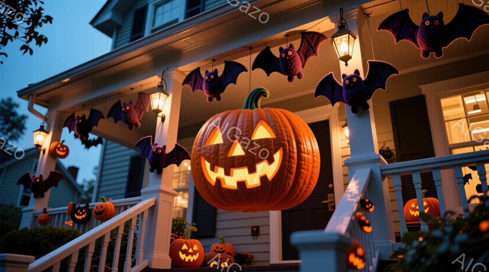 ハロウィーンの飾り付けがされた家の正面玄関が写っています。オレンジ色のカボチャのランタンが階段やポーチに並び、黒いコウモリの飾りもぶら下がっています。薄暗い夕暮れ時の空と家の明かりが、お祝いのムードを強調し、温かく幻想的な雰囲気を醸し出しています。