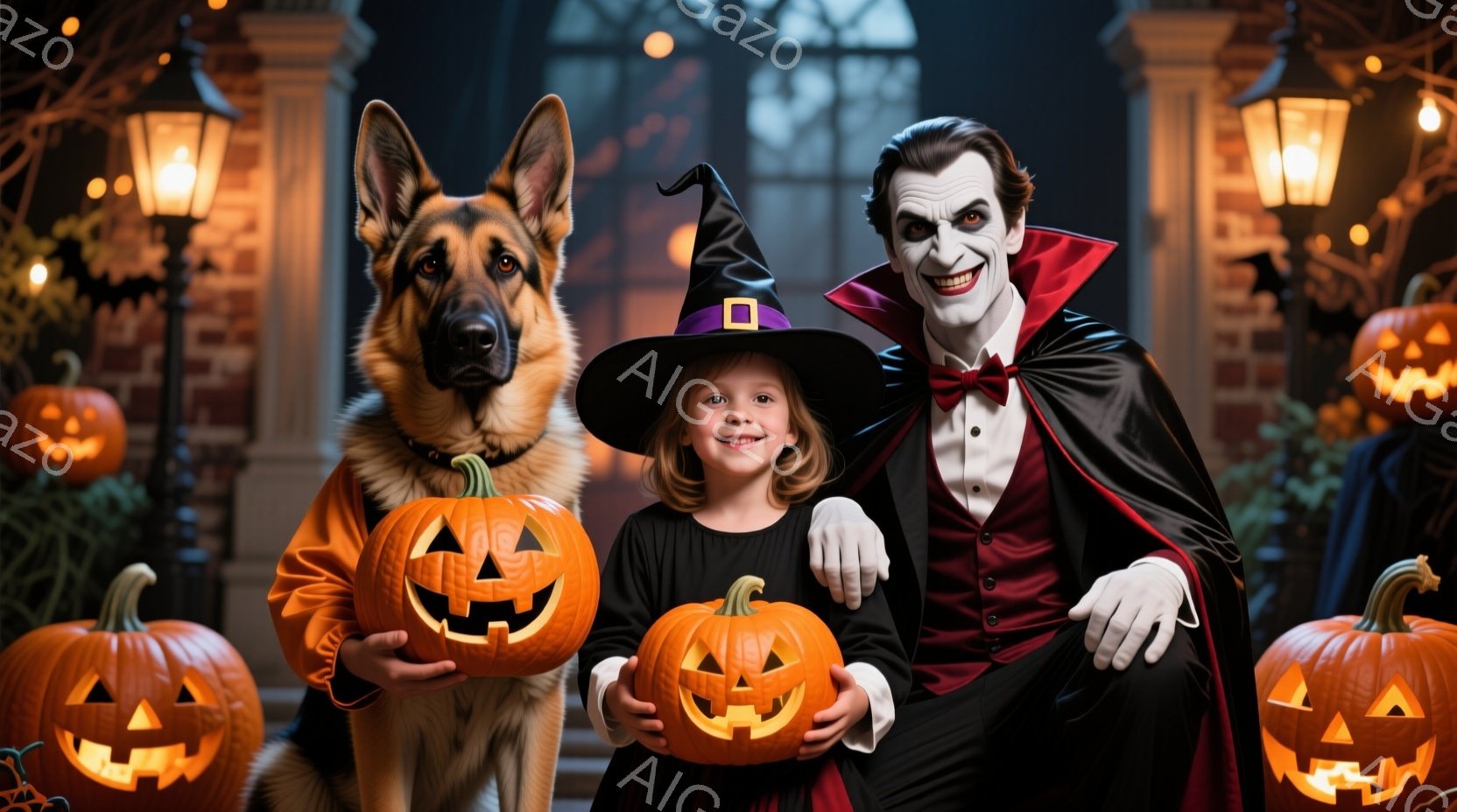 ハロウィーンの衣装を着た少女と、大きなジャーマンシェパード、そして吸血鬼の衣装を着た男性が、それぞれカボチャのランタンを持って立っています。少女は黒い魔女帽子を被り、笑顔でカボチャを抱えています。背景 - AI生成フリー素材