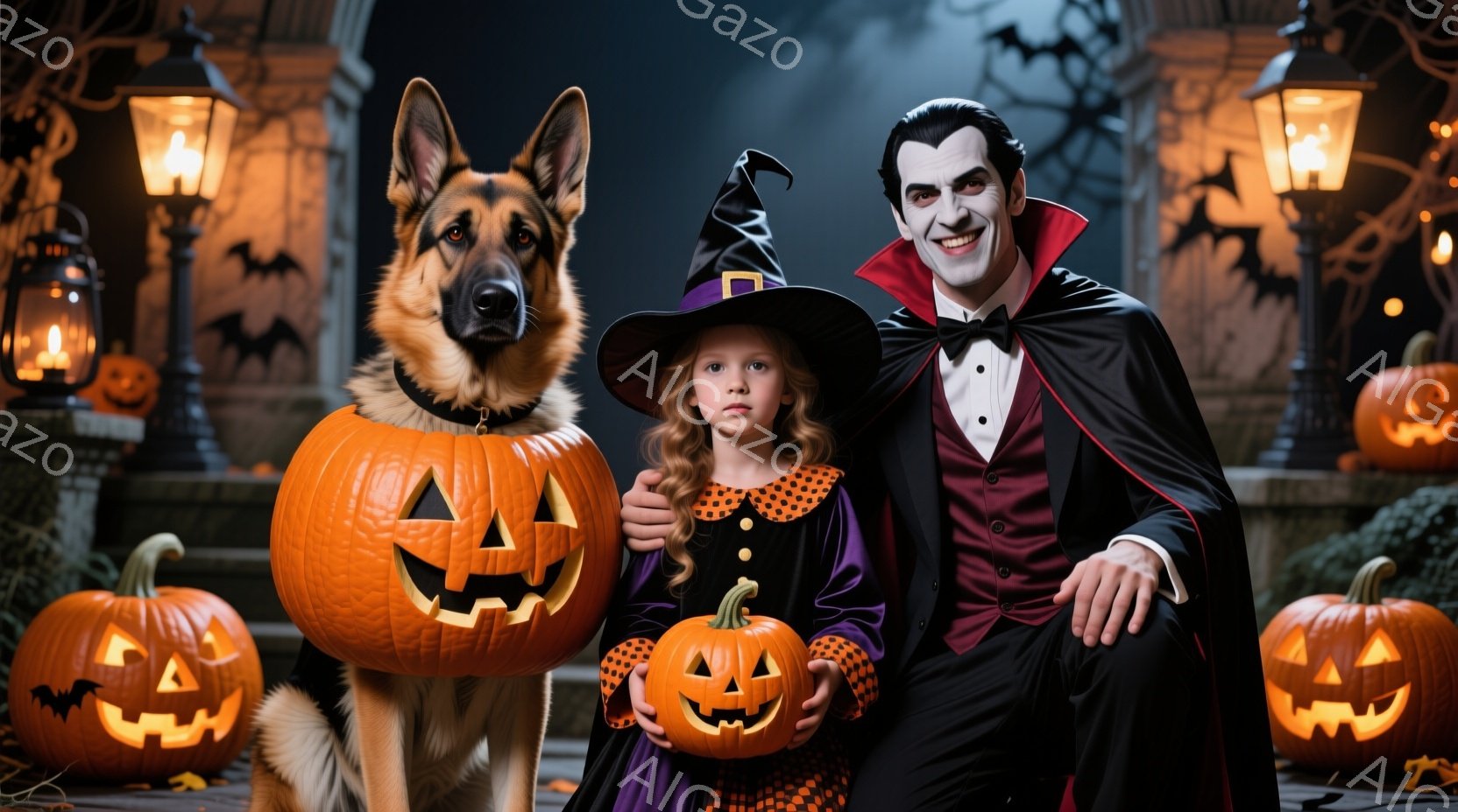 ハロウィーンの装飾に囲まれた、ヴァンパイアと魔女、そしてジャーマンシェパードの家族写真です。ヴァンパイアは黒いスーツにマントを羽織り、魔女は紫色のドレスに黒い帽子を被り、それぞれジャック・オー・ランタンを持っています。背景には暗いお城のような建物、飛ぶコウモリ、そしてオレンジ色の光を放つカボチャが配置され、お祝いムードを盛り上げています。