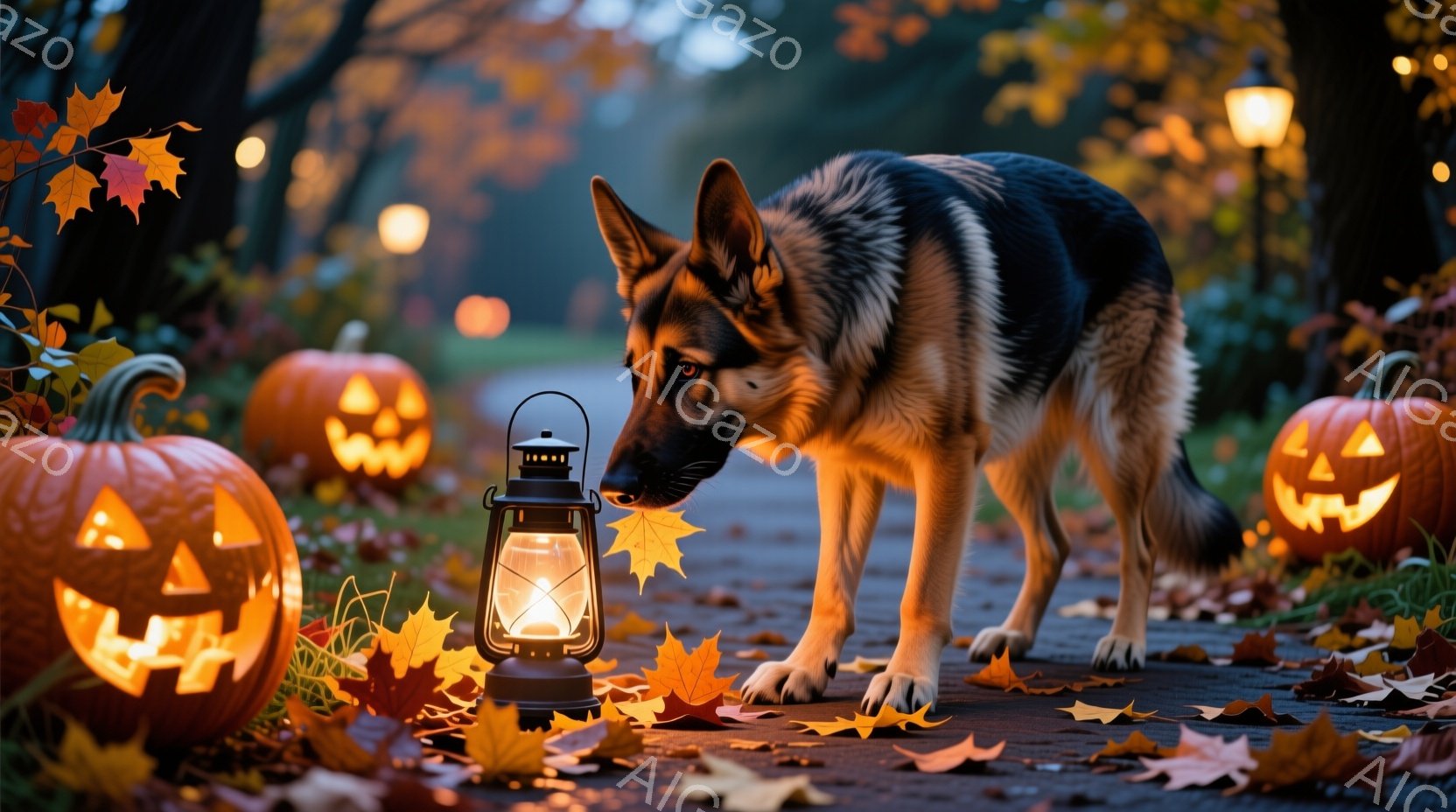 ハロウィーンの雰囲気の中で、ドイツシェパードが道を歩いている。道端には、彫刻が施されたカボチャと落ち葉が散らばり、提灯が暖かく光っている。背景は木々が生い茂り、全体的に秋の暖かく、少し神秘的な雰囲気を - AI生成フリー素材