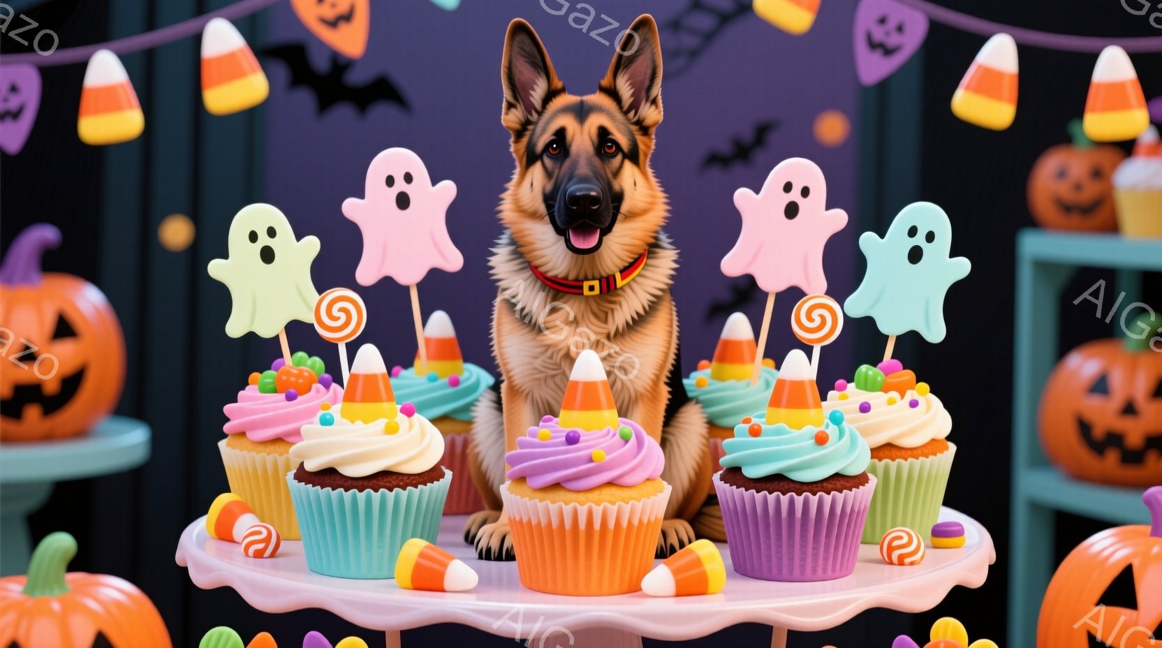 ハロウィーンをテーマにした画像で、ドイツシェパード犬が、カップケーキやキャンディーが並んだケーキスタンドの前に座っています。犬は首輪を付けており、正面を見て穏やかな表情をしています。背景には、オレンジ - AI生成フリー素材