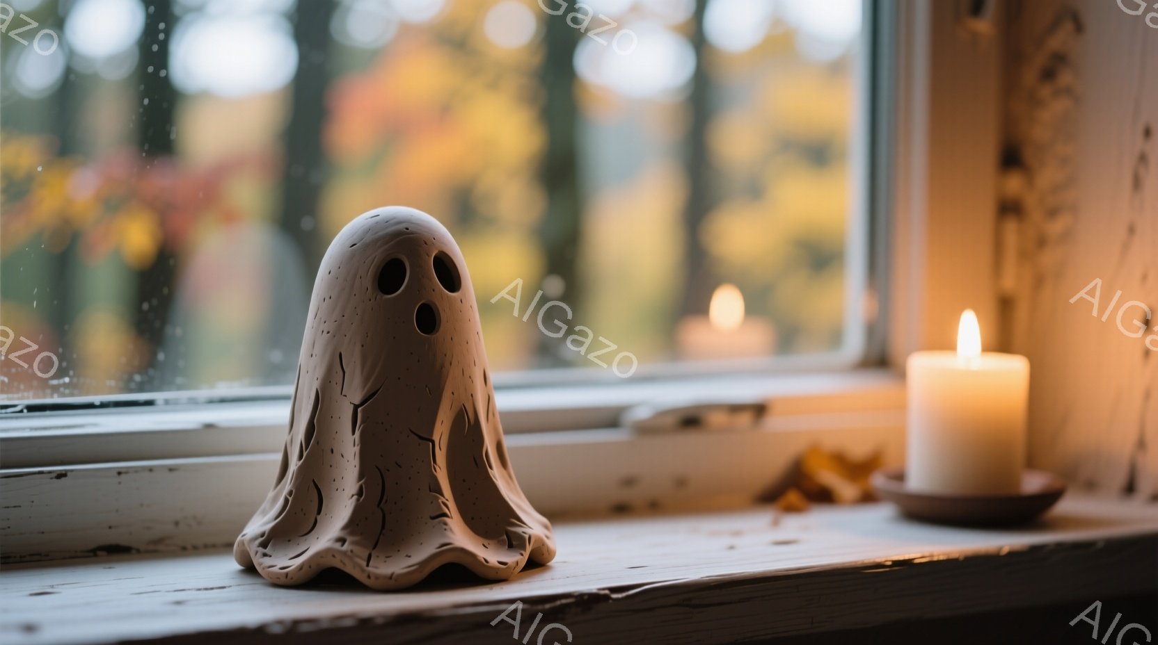 白い窓辺に、幽霊の形をした陶器製の置物が置かれています。背景には秋の紅葉がぼやけ、雨粒が窓ガラスに付着しています。置物の隣には、火の灯ったキャンドルが暖かく、全体的に穏やかでハロウィーンらしい雰囲気を - AI生成フリー素材
