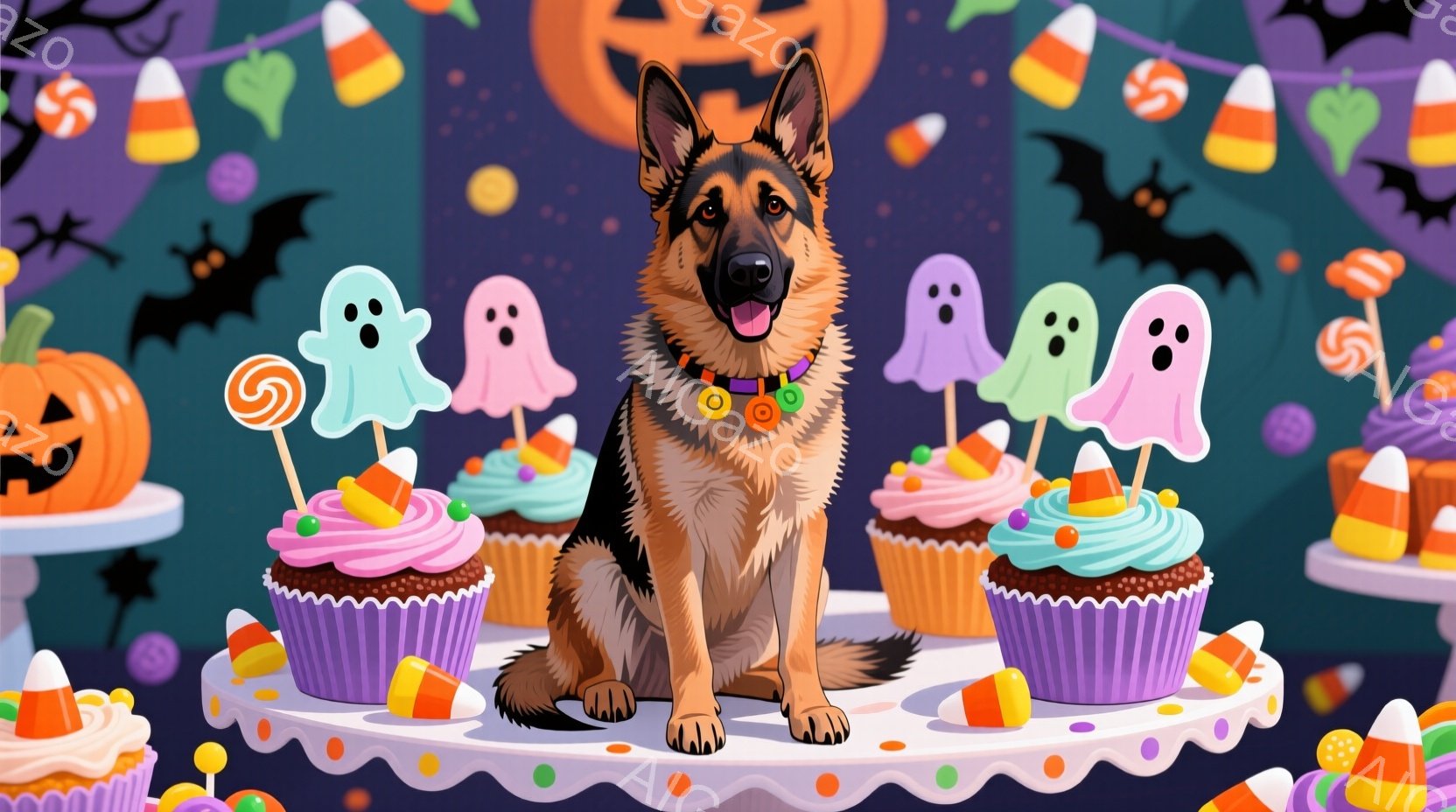 ハロウィーンをテーマにしたイラストで、茶色と黒のジャーマンシェパードが白いテーブルの上に座っています。周りにはキャンディーコーンやカップケーキ、お化けの飾り、カボチャのランタンが散りばめられており、ハ - AI生成フリー素材