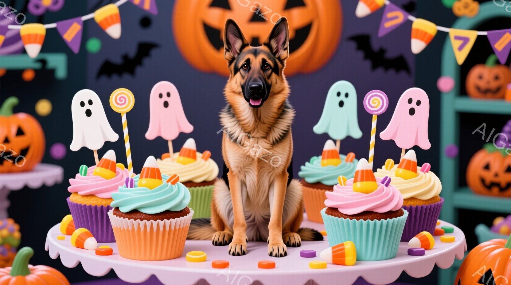鮮やかな背景に、シェパード犬がカップケーキに囲まれて座っています。ハロウィーンを思わせるカボチャやゴーストの飾り、キャンディが散りばめられており、お祝いムードを演出しています。犬は少し舌を出しており、陽気で愛らしい表情を見せています。