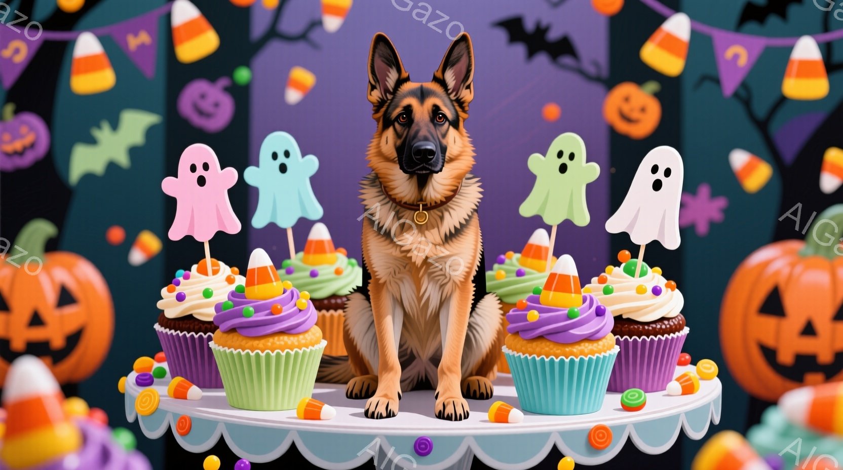 ハロウィーンの背景の前で、お菓子に囲まれたジャーマンシェパードが立っています。紫色のケーキスタンドには、オレンジ、紫、緑のアイシングを施したカップケーキが並び、各カップケーキにはキャンディーコーンが飾 - AI生成フリー素材