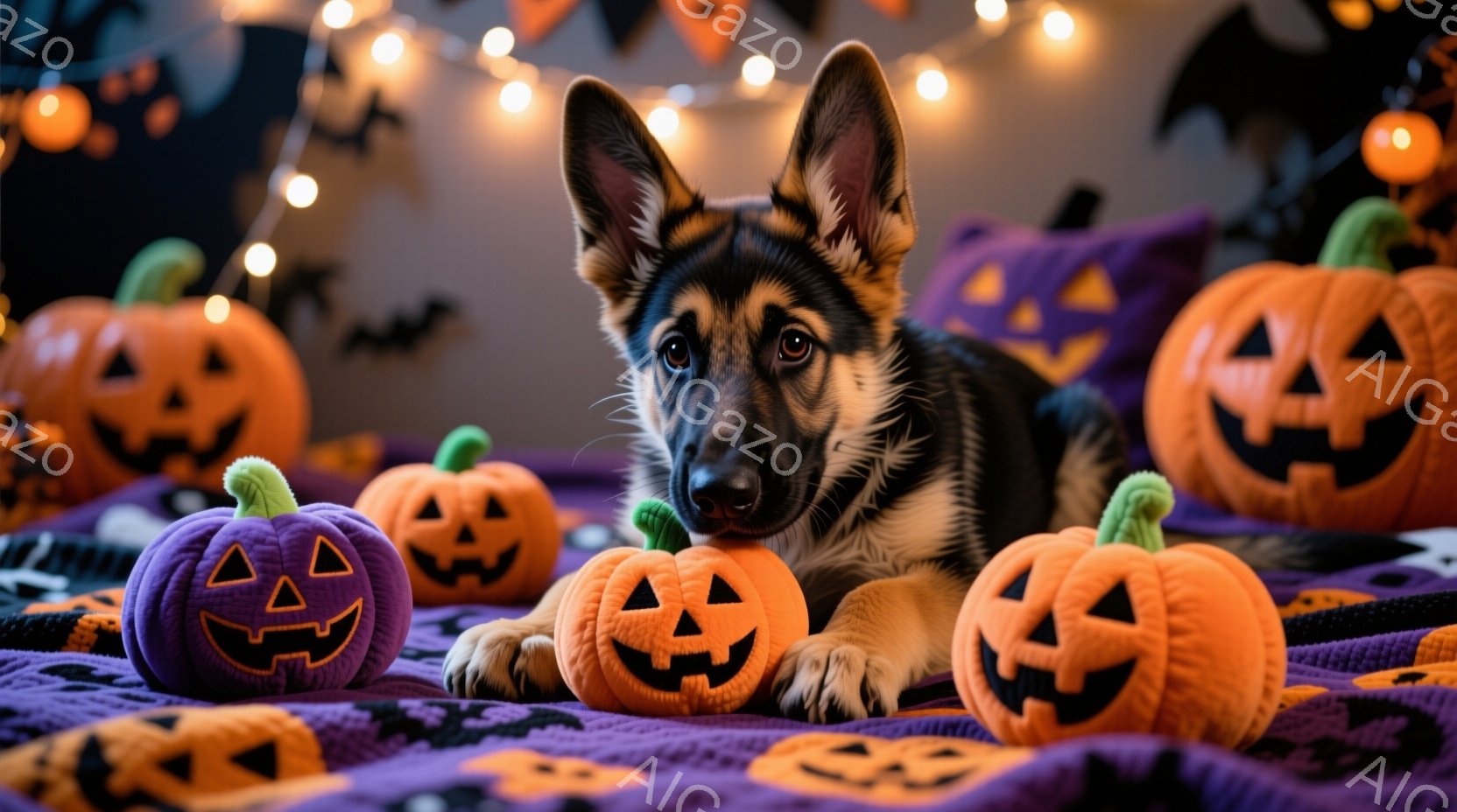 黒と茶色のジャーマンシェパードの子犬が、ハロウィーンのテーマの紫色のブランケットの上に横たわっています。子犬は正面を見つめ、口元には小さなオレンジ色のジャック・オー・ランタンのおもちゃを優しくくわえて - AI生成フリー素材