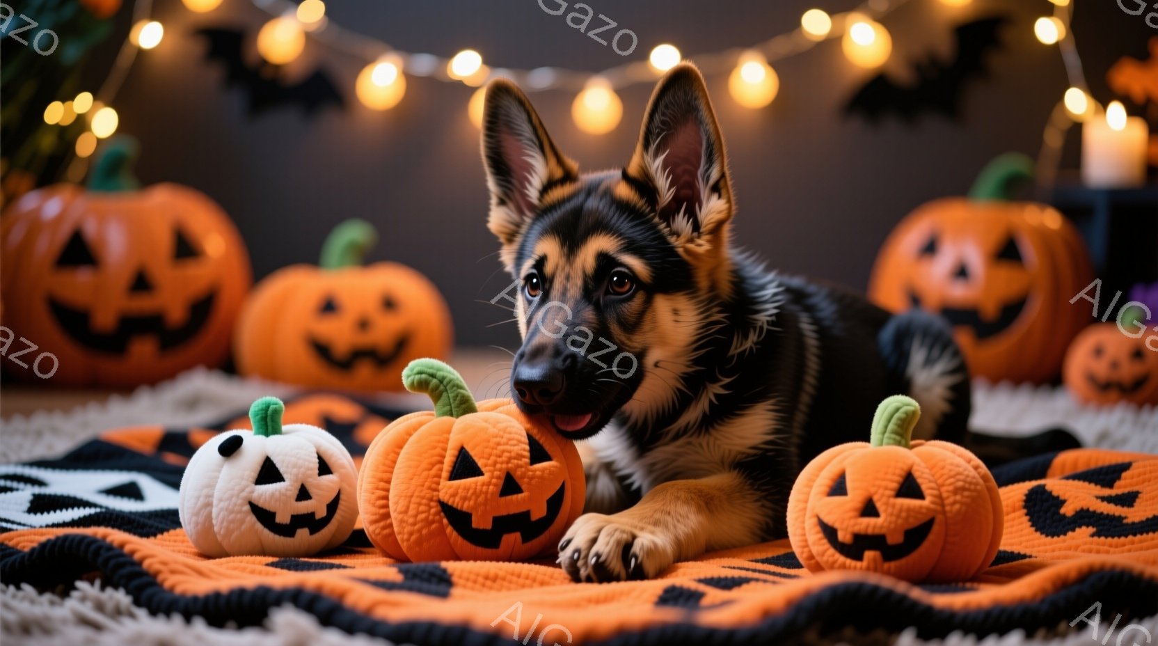 ハロウィーンの装飾に囲まれたジャーマンシェパードの子犬が写っています。子犬はオレンジ色のカボチャのぬいぐるみの中に横たわり、少し口を開けてリラックスした表情をしています。背景には、暗い背景に飾られたオレンジ色のライトとカボチャが並び、お祝いムードを醸し出しています。