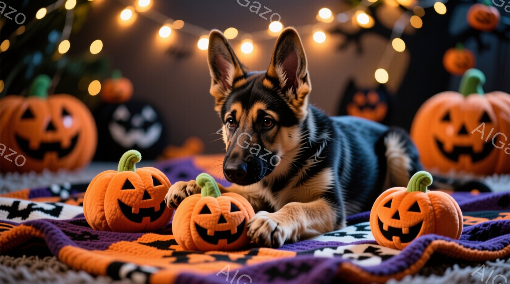 ハロウィーンの装飾に囲まれたジャーマンシェパードの子犬が写っています。紫、オレンジ、黒のストライプの毛布の上に、いくつかの小さなジャック・オー・ランタンが置かれ、子犬はそれらに囲まれてリラックスした姿 - AI生成フリー素材