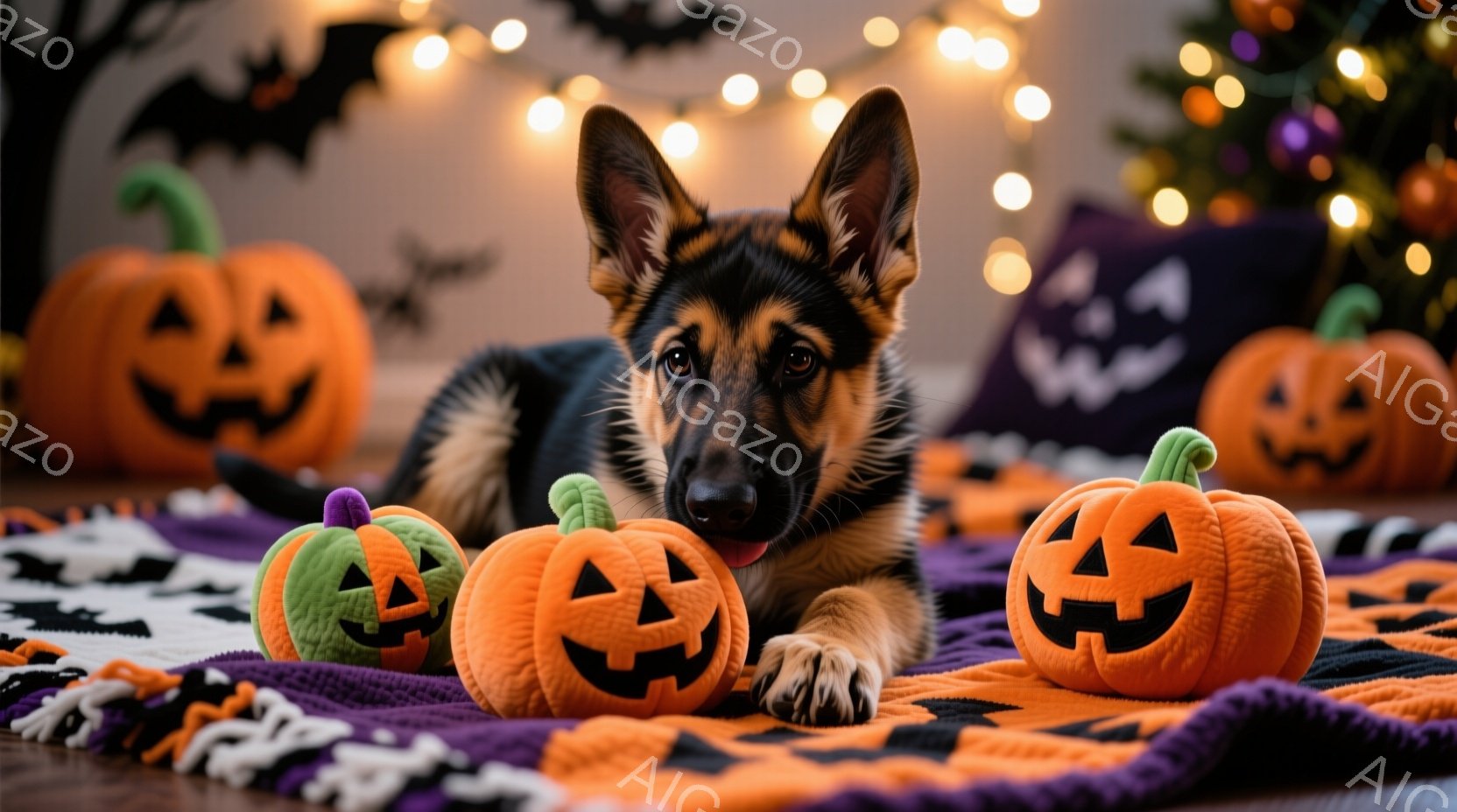 黒と茶色のジャーマンシェパードの子犬が、ハロウィーンのオレンジ色のジャック・オー・ランタンに囲まれて紫色の毛布の上に横たわっています。子犬は前足を伸ばし、リラックスした表情でカメラを見つめています。背 - AI生成フリー素材