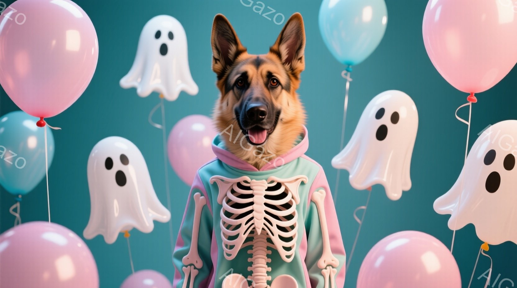 ドイツシェパード犬が、ハロウィーンをテーマにした明るい水色のスウェットシャツを着て、骸骨のデザインが施されています。犬は口を開けて舌を出し、楽しそうな表情で正面を見ています。背景には、ピンクと水色の風船や、白いお化けの形をした風船が浮かび、お祭り気分を盛り上げています。