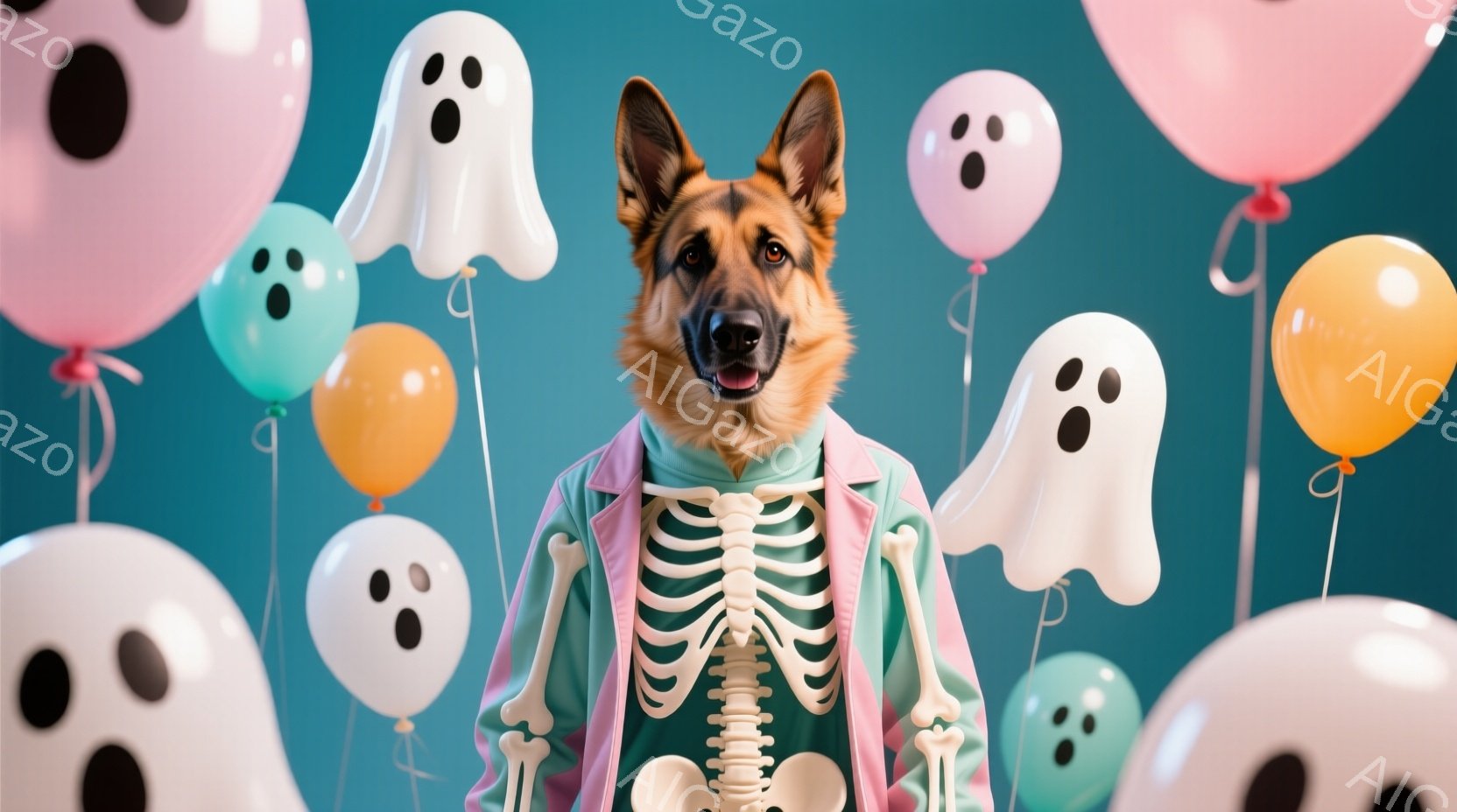 ハロウィーンの飾り付けられた背景の前で、骸骨のコスチュームを着たジャーマンシェパードが写っています。犬は鮮やかな緑色のシャツの上に骸骨の衣装を着て、口を開けて楽しそうに微笑んでいます。背景には、ピンク - AI生成フリー素材