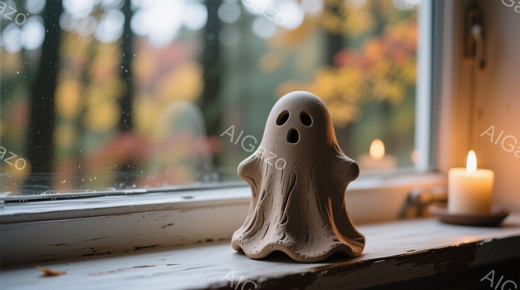 白い窓辺に、陶器製の可愛らしいお化けの置物が置かれています。背景にはぼやけた秋の木々が見え、雨が降っているのか窓ガラスに水滴が付着しています。隣には灯されたキャンドルがあり、全体的に穏やかで少し寂しげな雰囲気を醸し出しています。