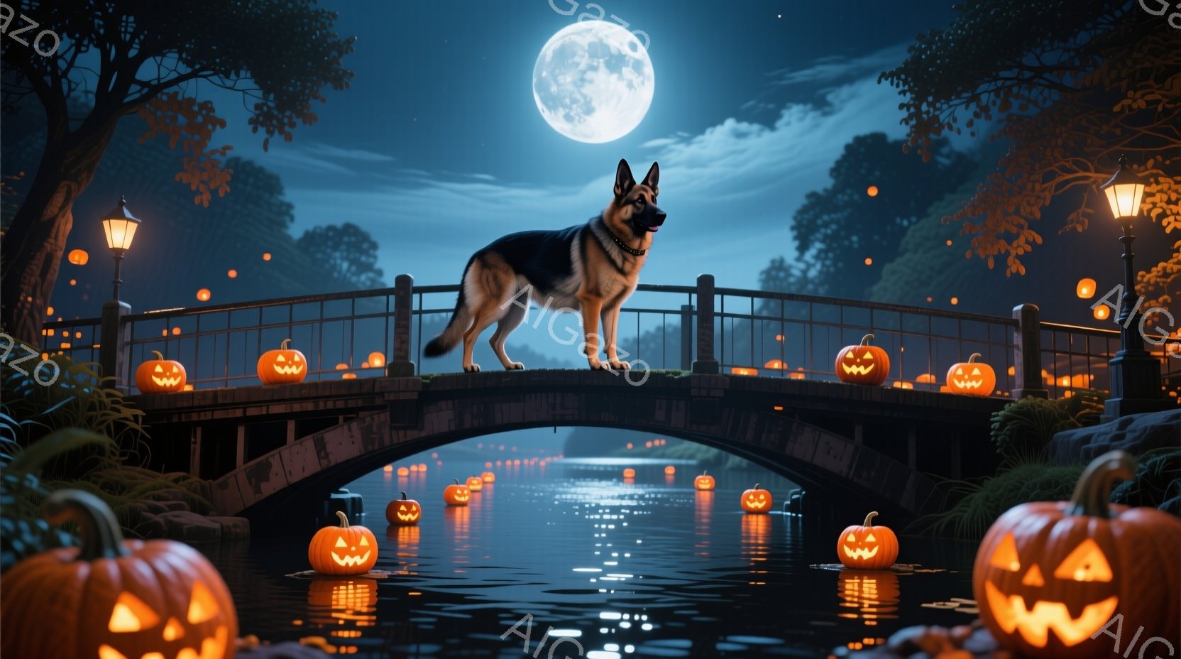 ホログラフィック技術を用いたもので、夜のハロウィンスペシャルな場所が描かれています。中央には、大きな犬が静かに立ち、その周りには多くのJack-o'-lanternが点在しています。背景には月明かりが照らし、夜空の星と枯れた木々で囲まれたような漆黒の霧が漂っているように見えます。画像全体にはホログラフィック技術による虚構性とスペシャルな雰囲気が感じられます。