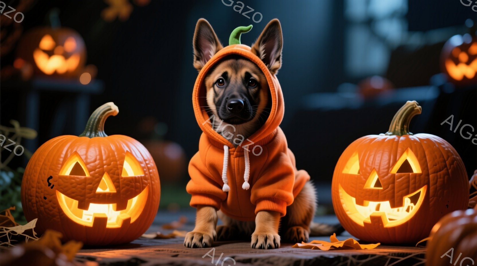 ハロウィーンのテーマで飾られた背景を背景に、オレンジ色のパーカーを着たドイツシェパードの子犬が座っています。子犬は前足を伸ばし、まっすぐカメラを見つめており、その表情は可愛らしく、穏やかです。背景には - AI生成フリー素材