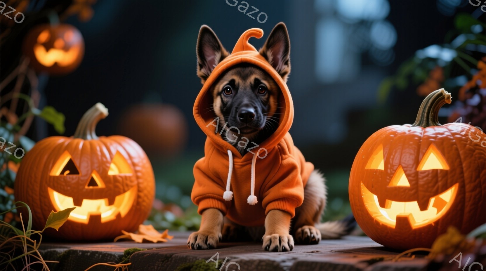 ジャック・オー・ランタンに囲まれた、オレンジ色のパーカーを着た小さなジャーマンシェパードの子犬を写しています。子犬は前足を伸ばして座っており、カメラに向かって真剣な表情でこちらを見ています。背景には、 - AI生成フリー素材