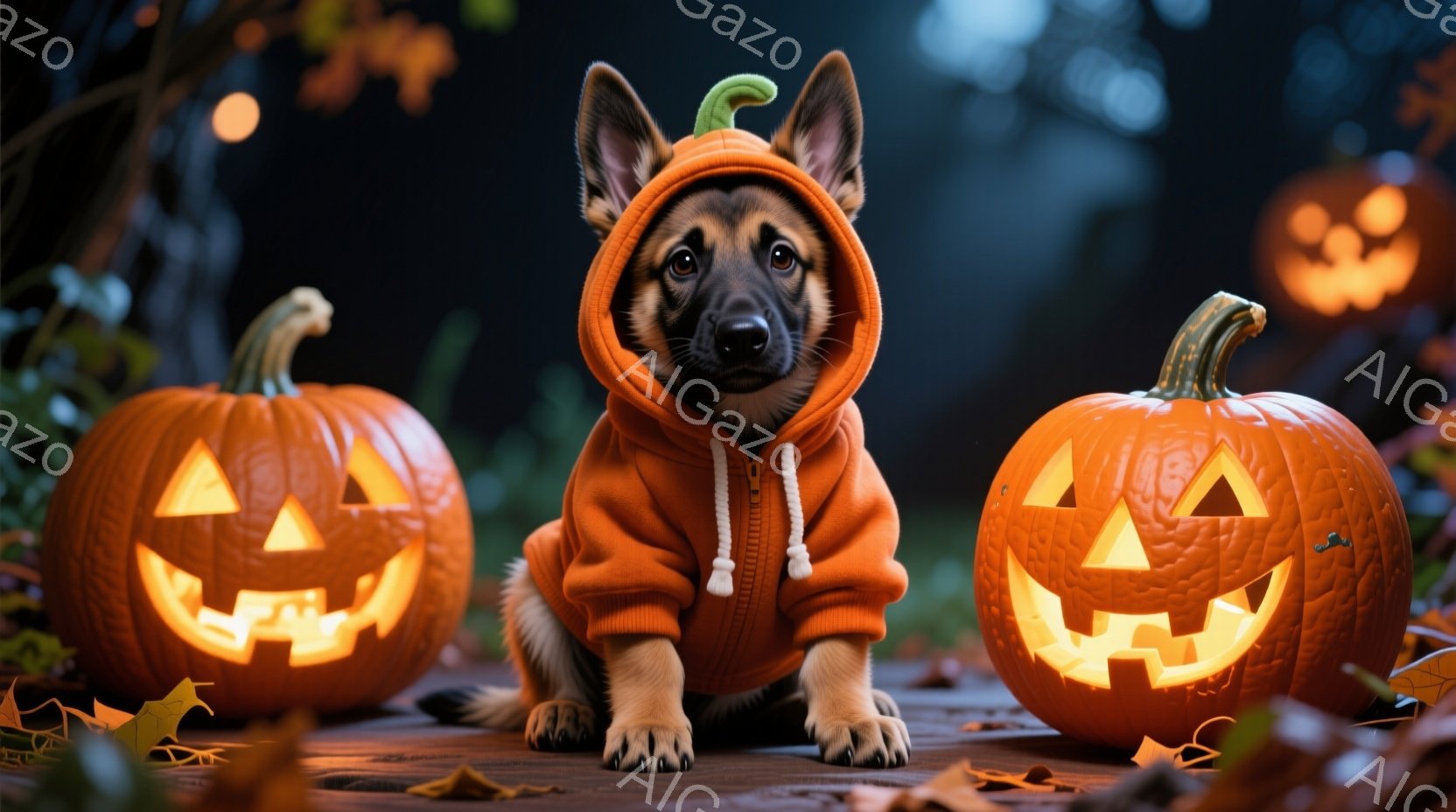 ハロウィーンの飾り付けられた背景の中で、オレンジ色のパーカーを着たジャーマンシェパードの子犬が座っています。子犬は前足を伸ばし、正面を見つめており、その表情は穏やかで可愛らしいです。背景には、彫刻が施された明るく輝くカボチャが配置され、落ち葉が散りばめられた木製の板の上に子犬が座っている様子が描かれています。