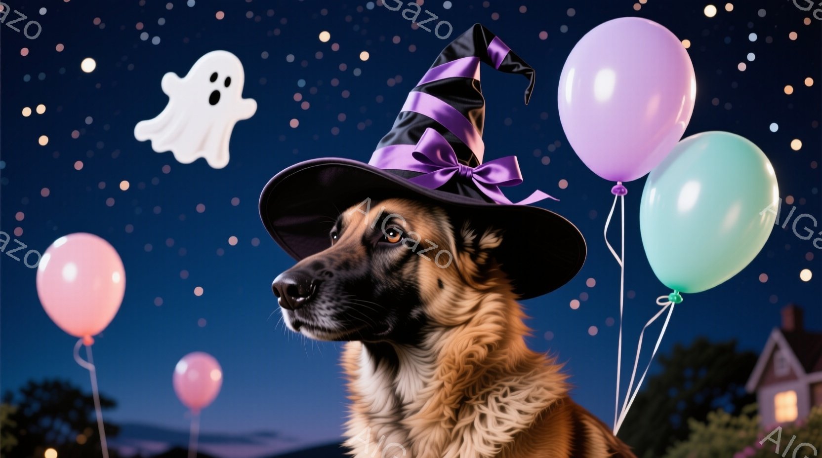 シェパード犬がハロウィーン風の帽子を被り、バルーンに囲まれています。犬は横を向き、少し上を見ている表情で、夜空を背景に可愛らしい雰囲気を醸し出しています。背景には小さな家や木々が見え、暗い夜空に点在す - AI生成フリー素材
