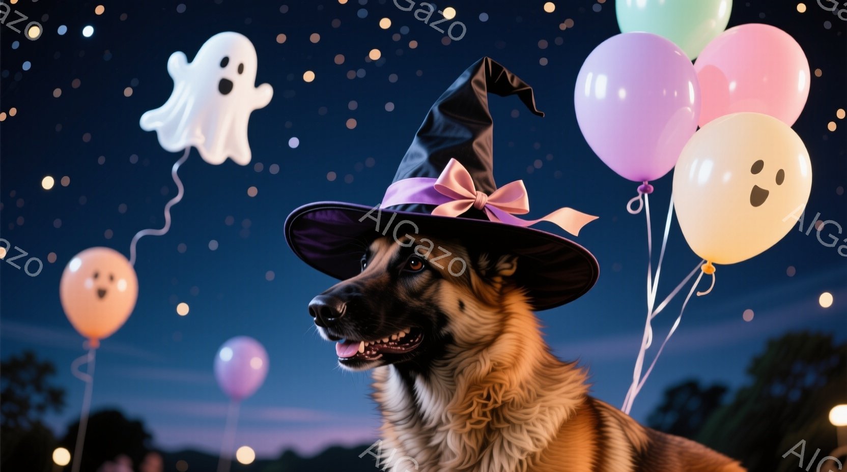 茶色のジャーマンシェパードが、紫色のリボンのかかった黒い魔女帽子をかぶって正面を見つめています。犬は口を開けて嬉しそうに微笑んでおり、周りにはオレンジ色や紫色のハロウィーン風の風船と幽霊のイラストが浮 - AI生成フリー素材