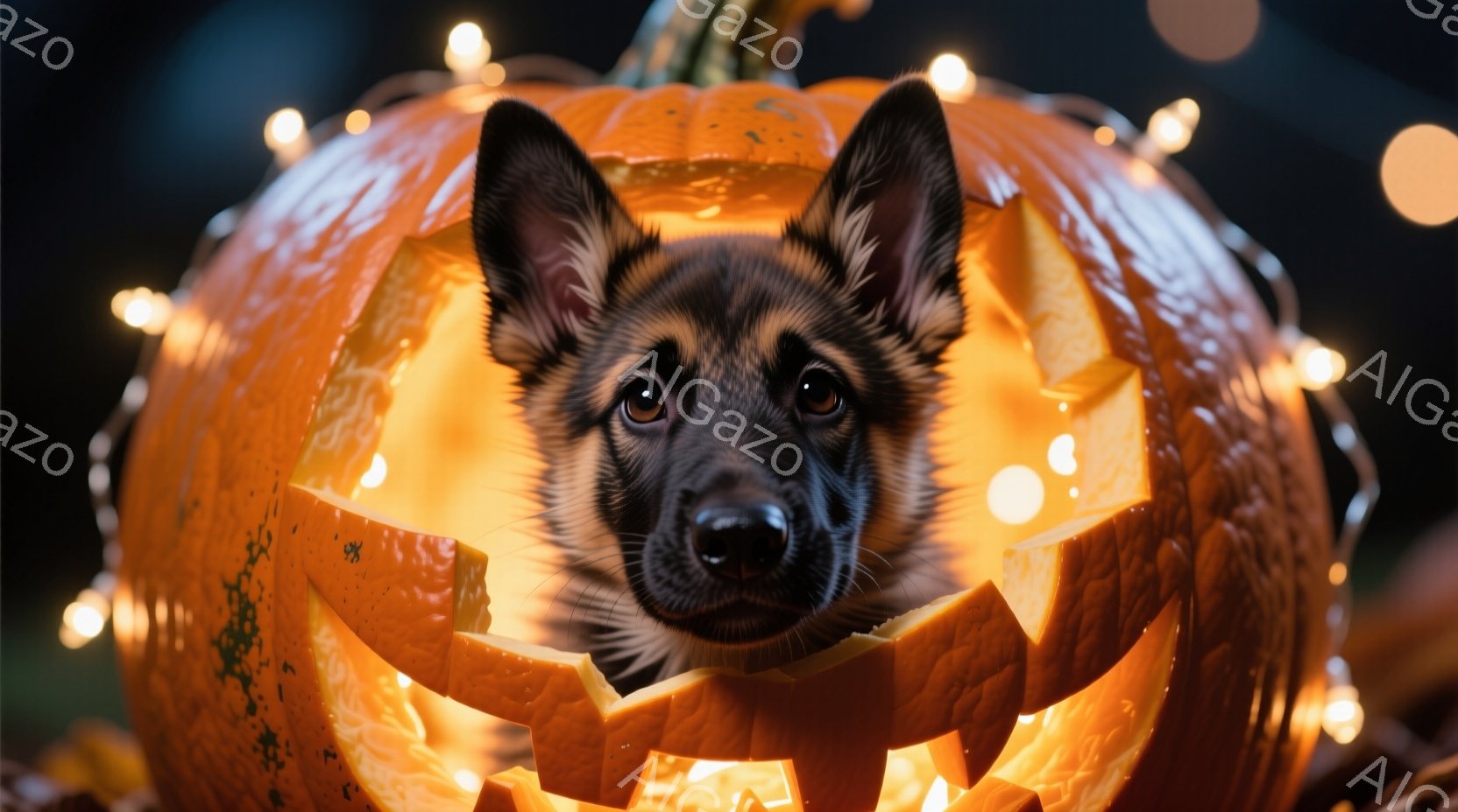 くり抜かれたハロウィンのカボチャの中に、ドイツシェパードの子犬が顔を出しています。子犬はまっすぐカメラを見ており、少し警戒しながらも好奇心旺盛な表情をしています。背景にはぼやけた光のイルミネーションが - AI生成フリー素材