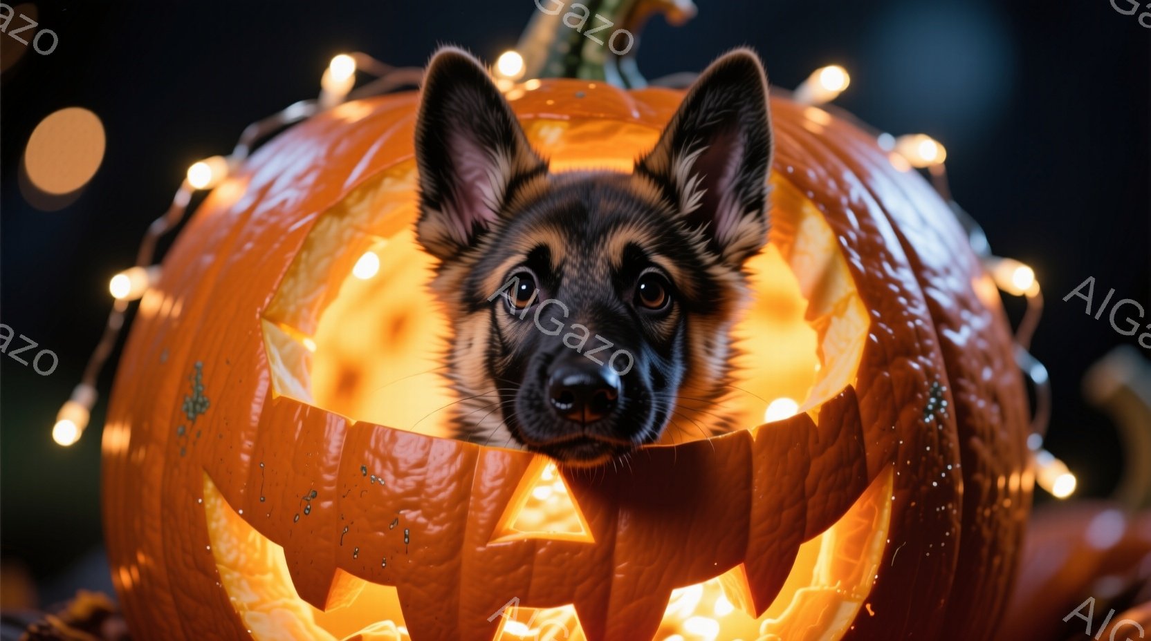 彫刻が施されたオレンジ色のカボチャの中に、ドイツシェパードの子犬が顔を出しています。子犬は黒い鼻と暗い目をしており、好奇心と少しの困惑が表情に見えます。カボチャの周囲には暖かい色の電飾が輝き、ハロウィ - AI生成フリー素材