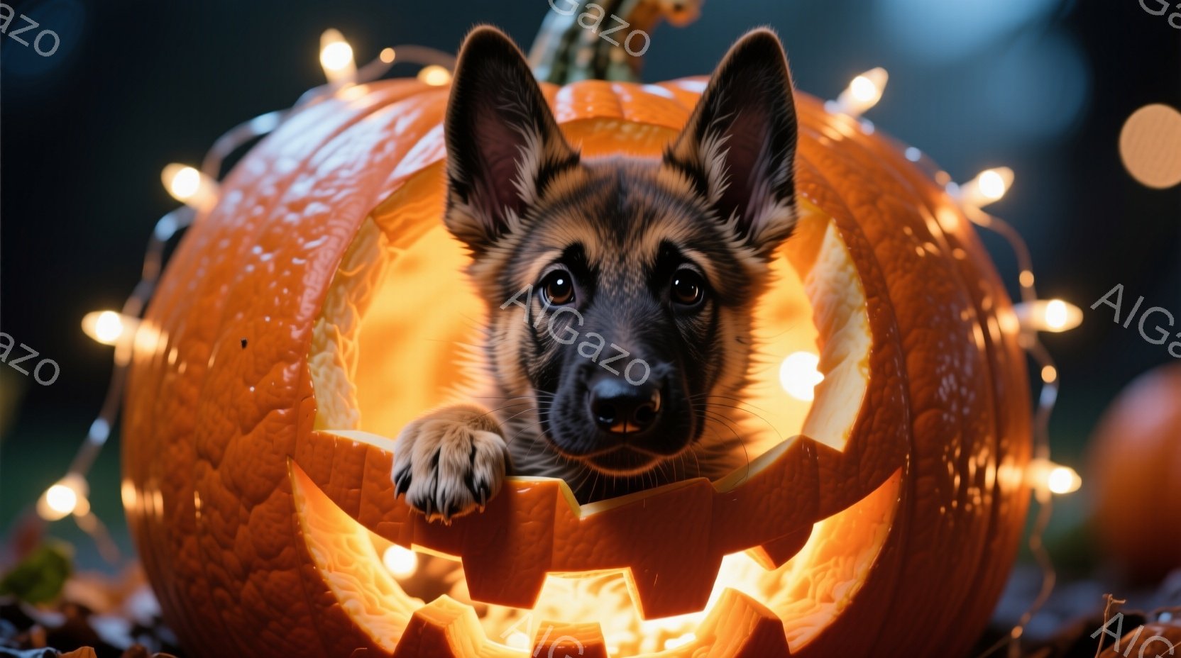 彫刻されたジャック・オー・ランタンの中から、子犬が顔を覗かせています。その子犬は、ドイツシェパードの子犬で、茶色と黒の毛並みで、好奇心旺盛な表情をしています。背景にはぼやけたライトが輝き、秋のハロウィ - AI生成フリー素材