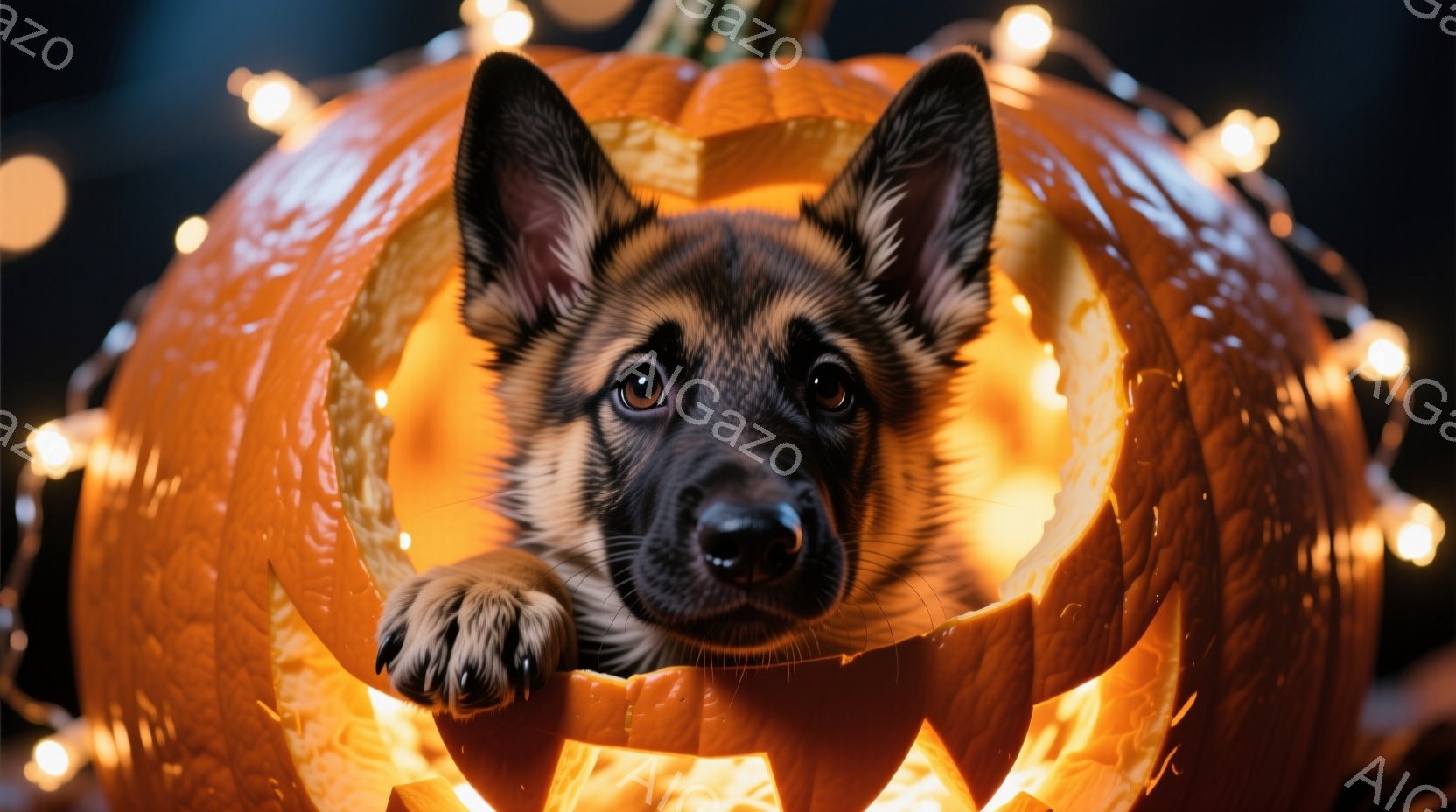 小さなジャーマンシェパードの子犬が、くり抜かれたオレンジ色のカボチャの中に頭と前足を入れ、カメラを見つめています。カボチャの内側は明るい光で照らされ、子犬の毛並みとつぶらな瞳が際立っています。背景にはぼんやりとした光の飾りがあり、ハロウィーンの楽しい雰囲気を醸し出しています。