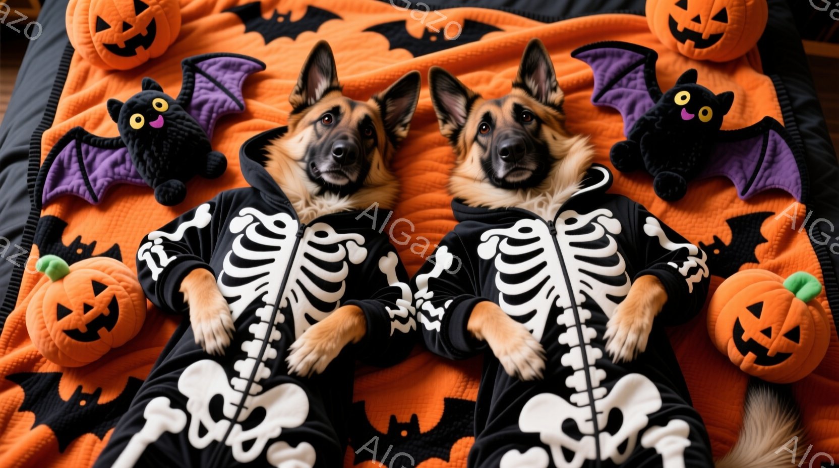 ハロウィーンをテーマにした写真で、2匹のジャーマンシェパードが骸骨柄の衣装を着ています。彼らはオレンジ色の背景に囲まれ、カボチャのぬいぐるみとコウモリのぬいぐるみで飾られています。犬たちは前足を前に出 - AI生成フリー素材