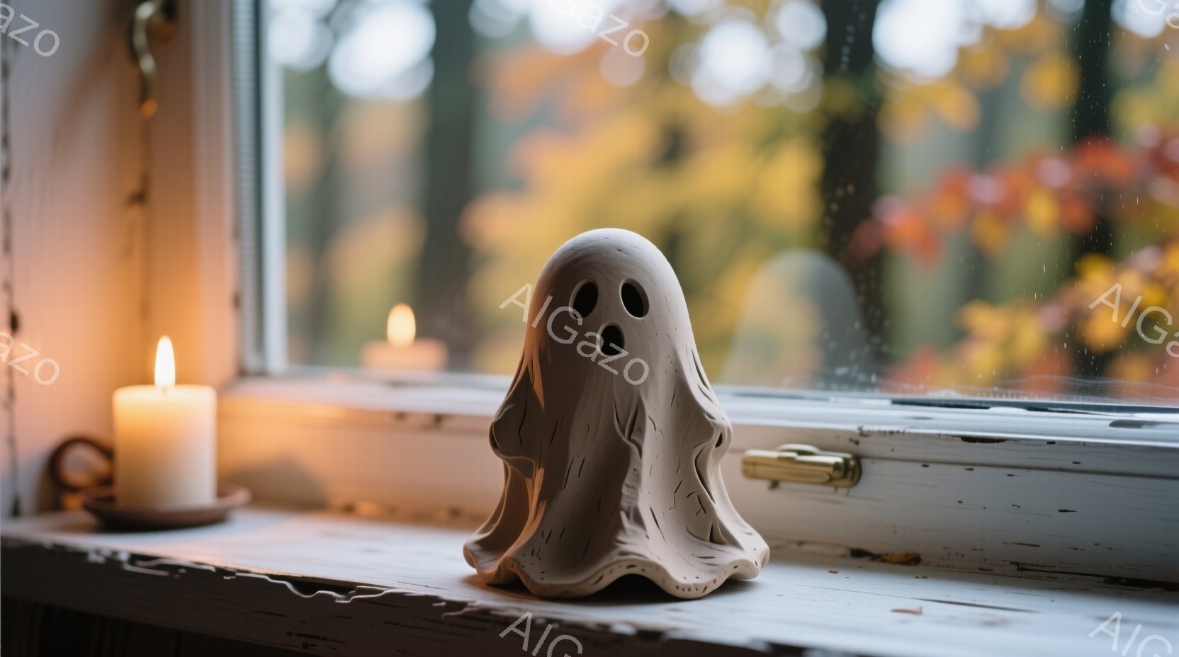 白い窓辺に可愛らしいお化けの置物が置かれています。そのお化けは丸みを帯びた形をしており、黒い目と口で愛らしい表情をしています。背景には秋の木々が見え、窓の外は少し雨が降っているようで、暖かく、穏やかな - AI生成フリー素材