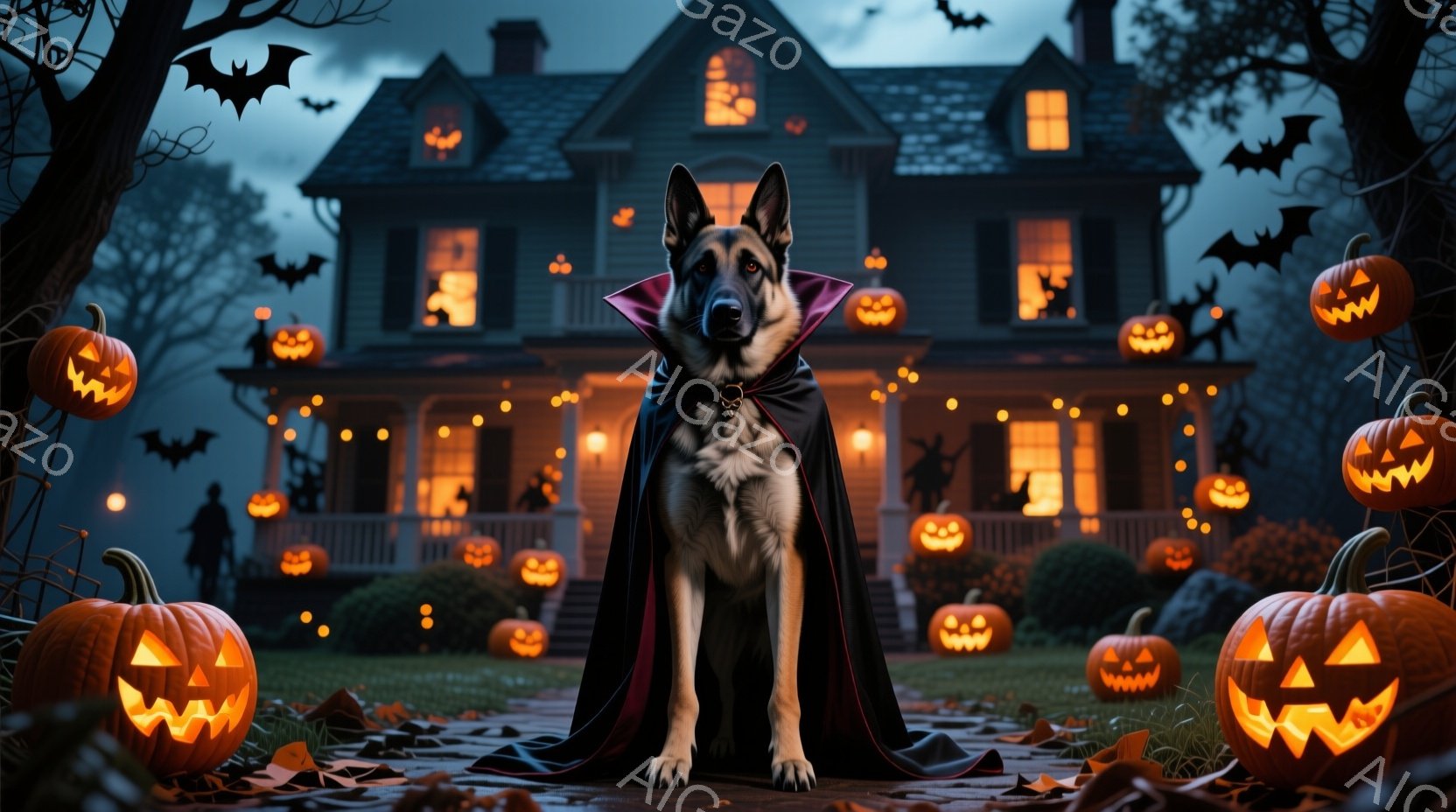 ドイツシェパード犬が、ハロウィーンをテーマにした邸宅の前に立っており、黒いマントを羽織っています。邸宅はオレンジ色の光で照らされたジャック・オー・ランタンで飾られ、背景にはシルエットのような人物と飛び交うコウモリが見られます。全体的に、不気味で神秘的なハロウィーンの夜の雰囲気が漂っています。