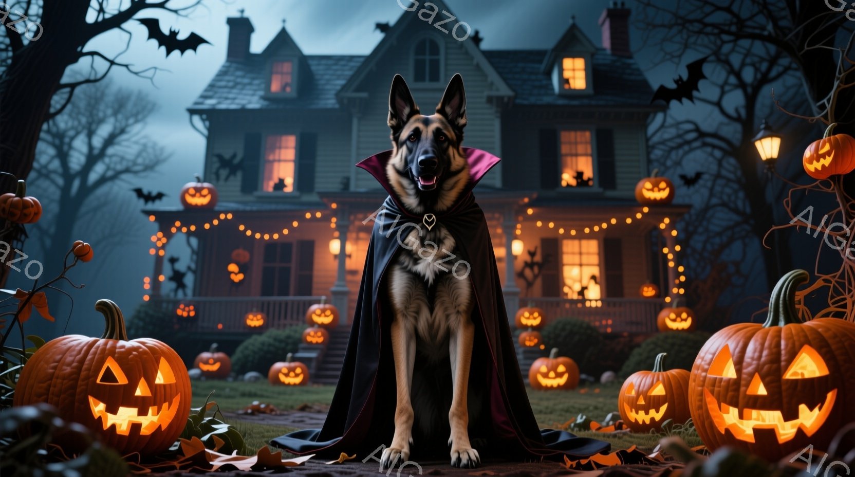 黒いマントを羽織ったジャーマンシェパードが、ハロウィーンの飾られた家の前に座っています。背景には、カボチャのランタン、コウモリ、そしてぼんやりと光る屋敷があり、秋の夜の不気味な雰囲気を醸し出しています - AI生成フリー素材