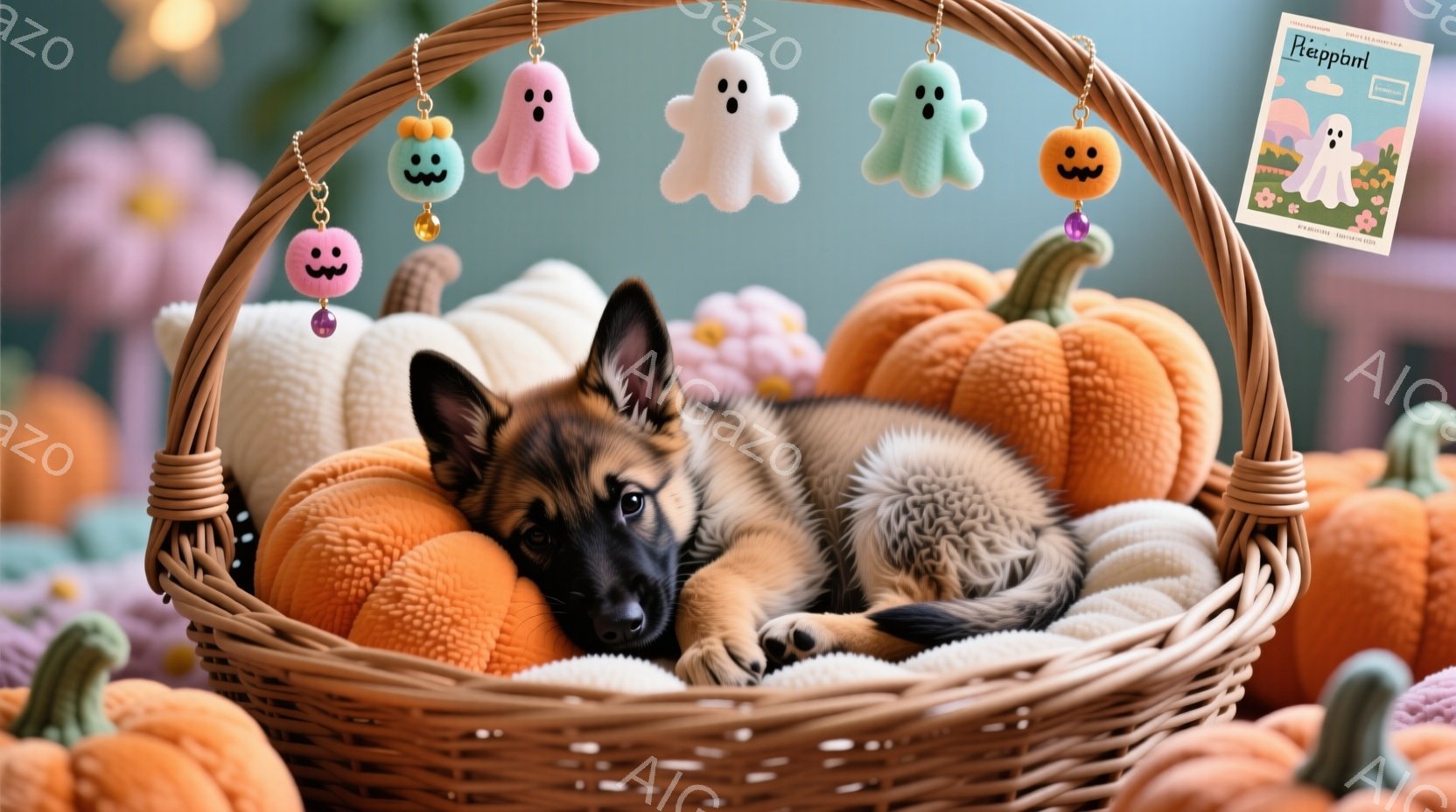 小さなジャーマンシェパードの子犬が、オレンジ色のポンポンの付いたカゴの中に横たわっています。カゴの周りには、同じオレンジ色のカボチャの形をした編み物のおもちゃが置かれ、頭上には可愛らしいゴーストの飾り - AI生成フリー素材