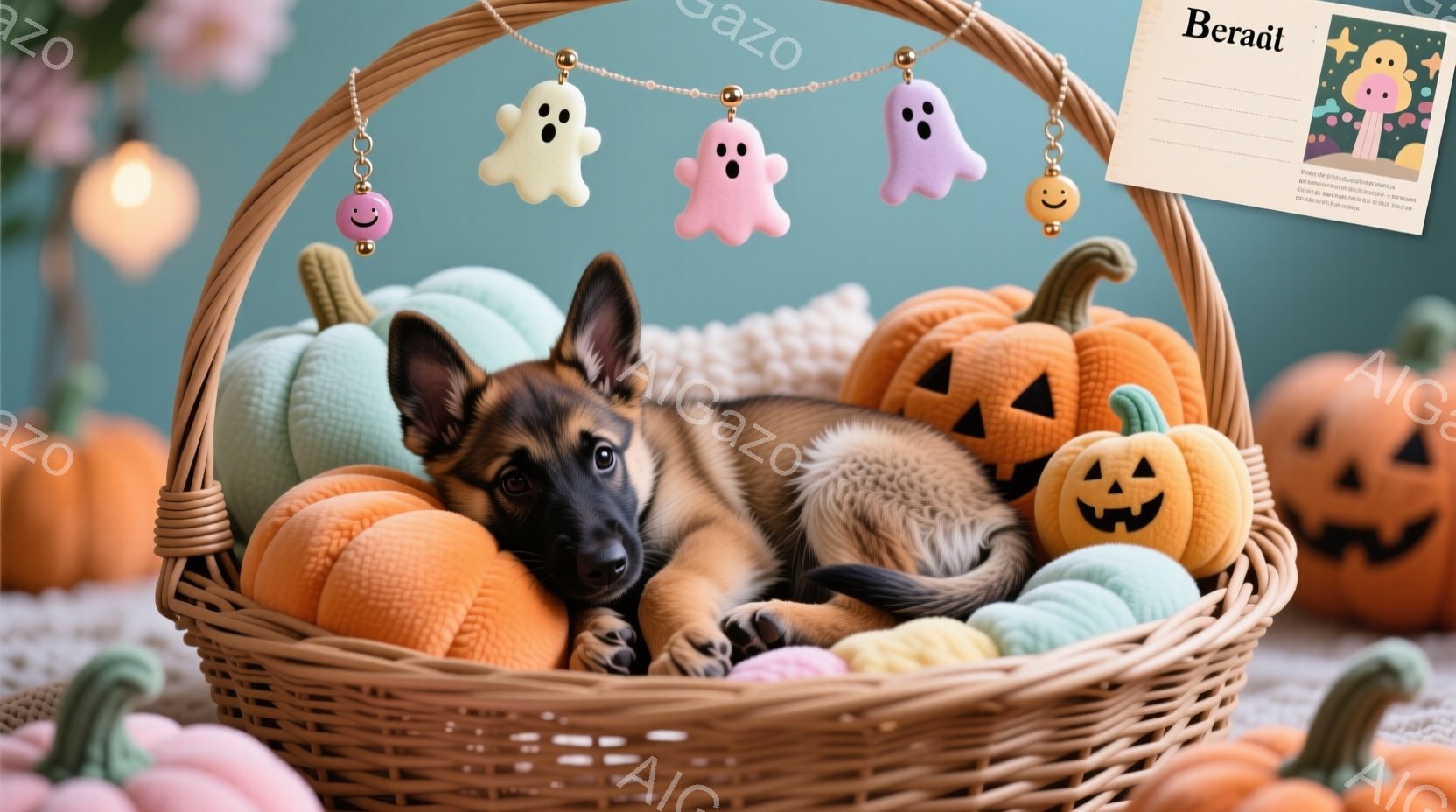 ハローウィーンをテーマにしたバスケットに、愛らしいジャーマンシェパードの子犬が丸まって眠っています。オレンジ色のカボチャのぬいぐるみ、白いゴーストのガーランド、ハロウィーンの装飾で囲まれており、温かく可愛らしい雰囲気を醸し出しています。背景には、ぼんやりとハロウィーンの装飾が見え、全体的に秋らしい、ほっこりとした印象を与えます。