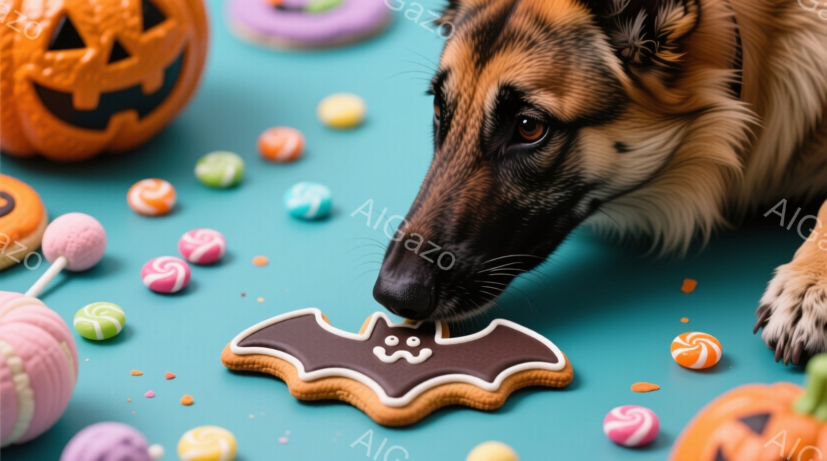 茶色の毛並みのシェパード犬が、ハロウィーンをテーマにしたクッキー（コウモリの形）を鼻でそっと突いています。背景には、キャンディーや小さなカボチャが散りばめられたターコイズブルーの背景が広がっており、ハロウィーンの雰囲気を盛り上げています。全体的に、遊び心のある、お祝いのムードが漂う、愛らしい光景です。