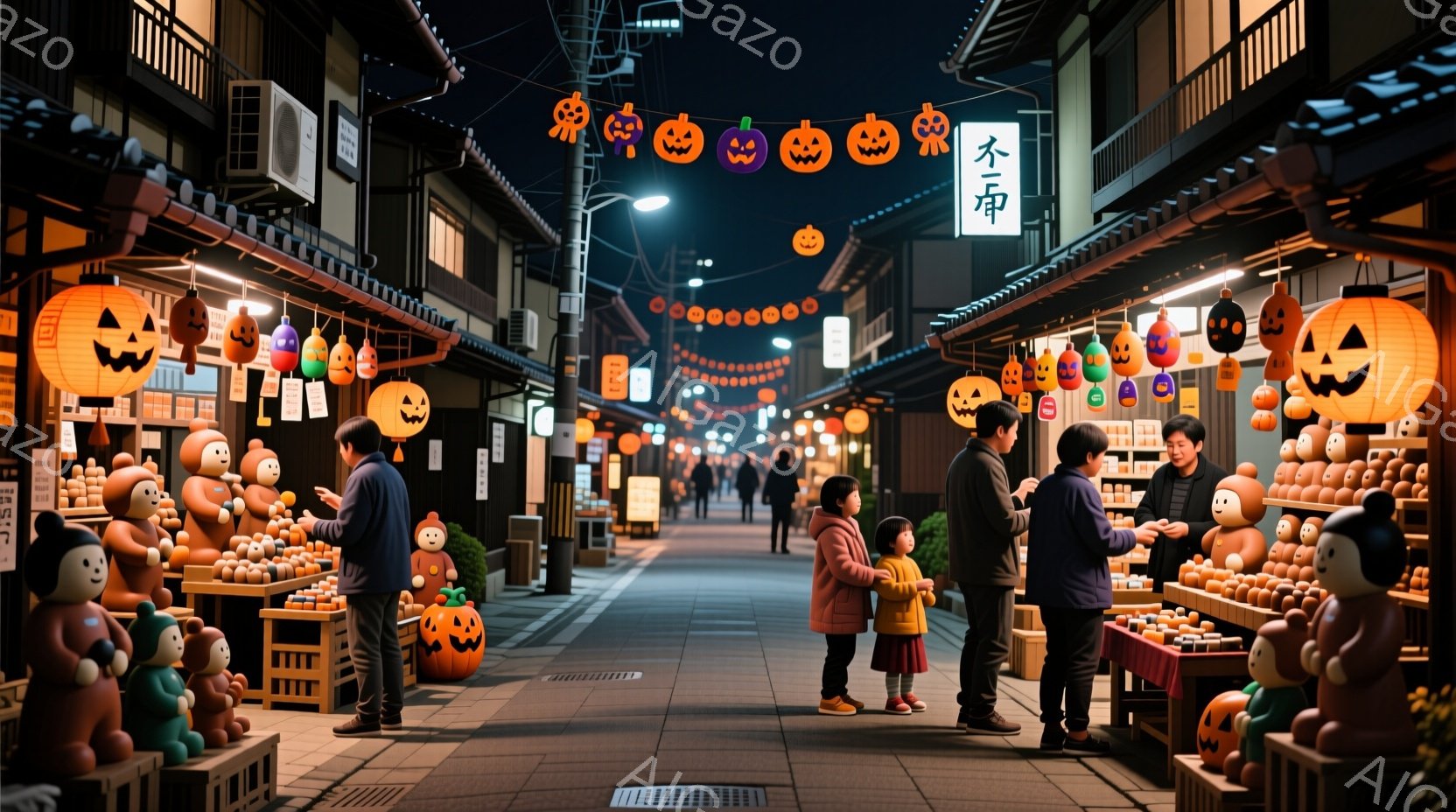 提灯とハロウィーンの飾りで賑わう古い町並みが描かれています。人々は暖かい服装で、店先に並んだ人形や提灯を眺めています。夜の街並みは薄暗く、提灯の光が温かい雰囲気を醸し出しています。 - AI生成フリー素材