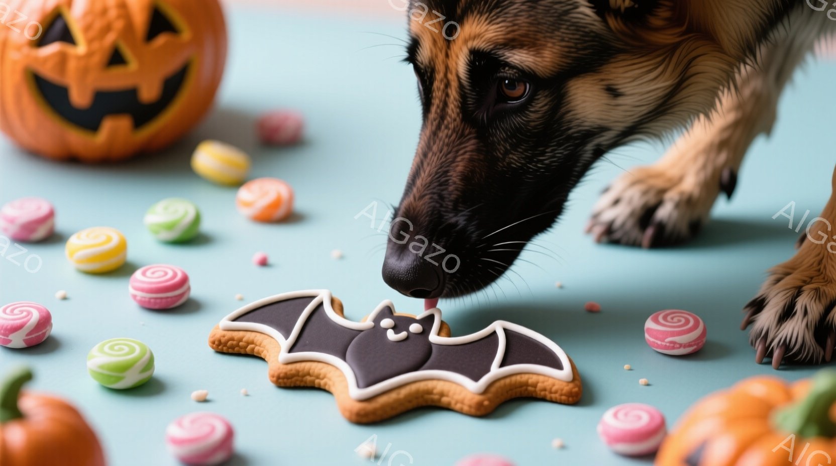 明るい水色の背景に、黒いコウモリの形をしたクッキーに鼻を近づけるジャーマンシェパードが写っています。周りにはハロウィンらしいオレンジ色のカボチャとカラフルなキャンディーが散らばっており、遊び心と秋の雰囲気が漂います。犬はクッキーに強い興味を示しており、ハロウィンのおやつを楽しみにしている様子が伺えます。