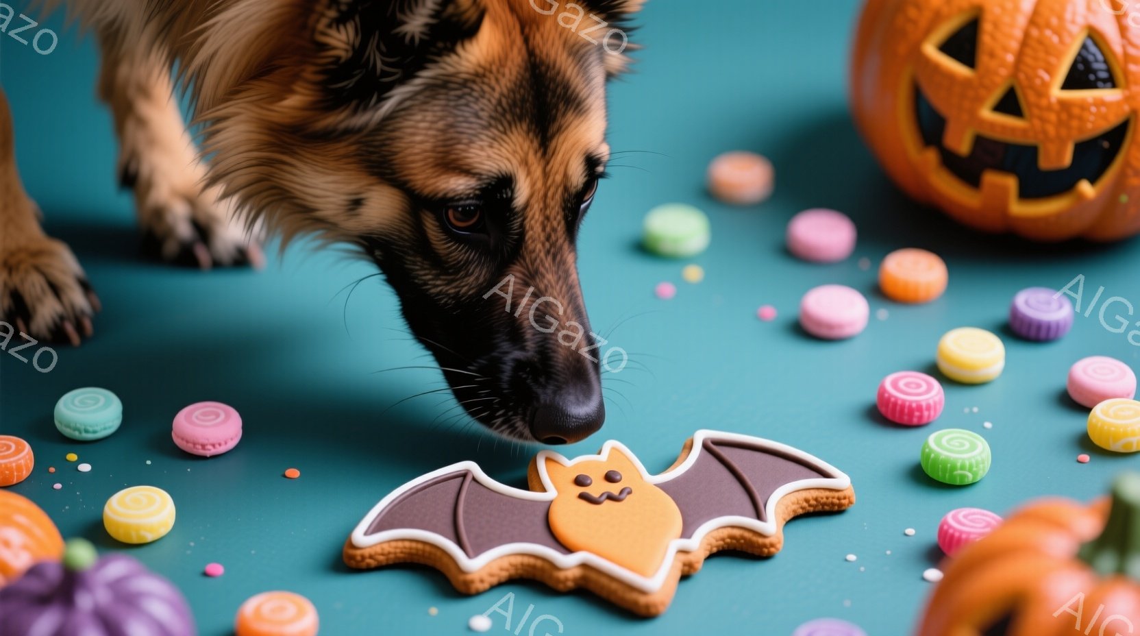 鮮やかなターコイズブルーの背景に、茶色と黒の毛並みのシェパードがクッキーに鼻を近づけています。ハロウィーンをテーマにしたバット型のクッキーの周りには、様々な色のカラフルなキャンディーが散りばめられており、背景の右側にはジャック・オー・ランタンが配置されています。全体的に、遊び心のあるお祝いのハロウィーンの雰囲気を醸し出しています。