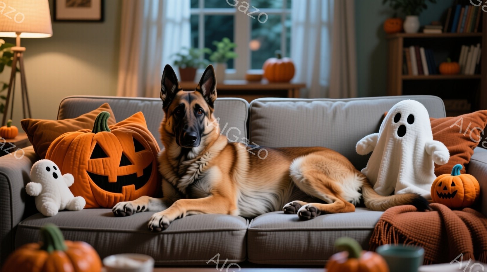 ソファに横たわるジャーマンシェパード犬が写っています。ハロウィーンの飾りであるカボチャのクッションやゴーストのぬいぐるみと背景には、ハロウィーンの飾り付けが散りばめられています。暖色系の照明と落ち着い - AI生成フリー素材