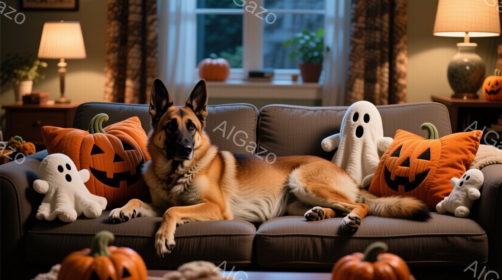 落ち着いた色のソファに、ジャーマンシェパードがゆったりと横たわっています。ハロウィーンの飾りであるカボチャのクッションや、お化けのぬいぐるみで囲まれており、リラックスした雰囲気を醸し出しています。背景 - AI生成フリー素材